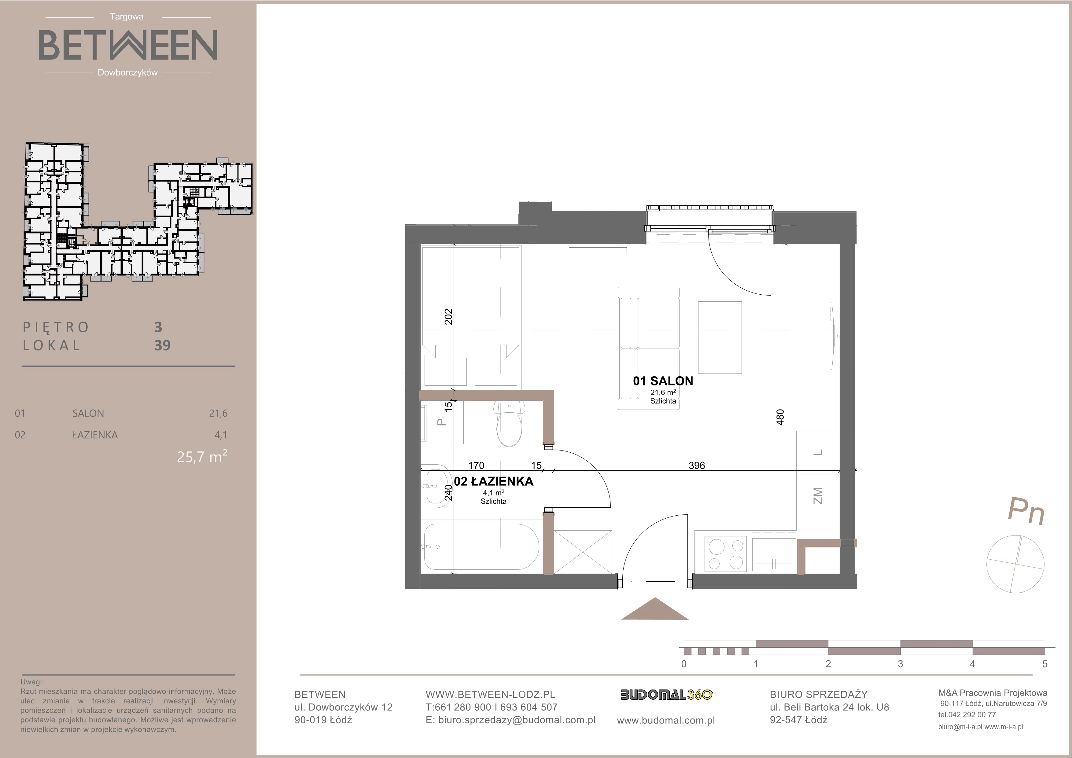 1 pokój, mieszkanie 25,80 m², piętro 3, oferta nr 39, Between, Łódź, Śródmieście, ul. Dowborczyków 12