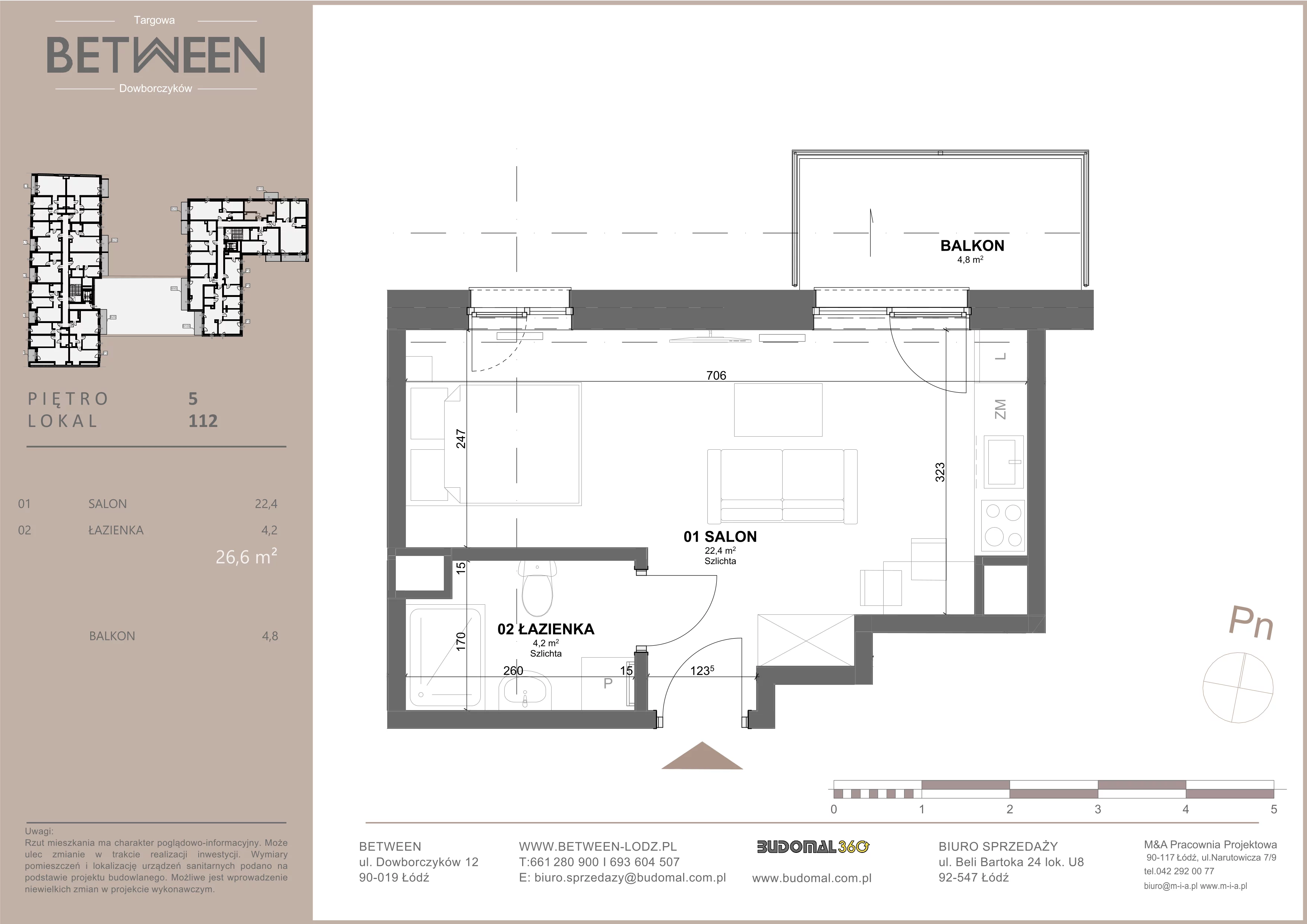 1 pokój, mieszkanie 26,58 m², piętro 5, oferta nr 112, Between, Łódź, Śródmieście, ul. Dowborczyków 12