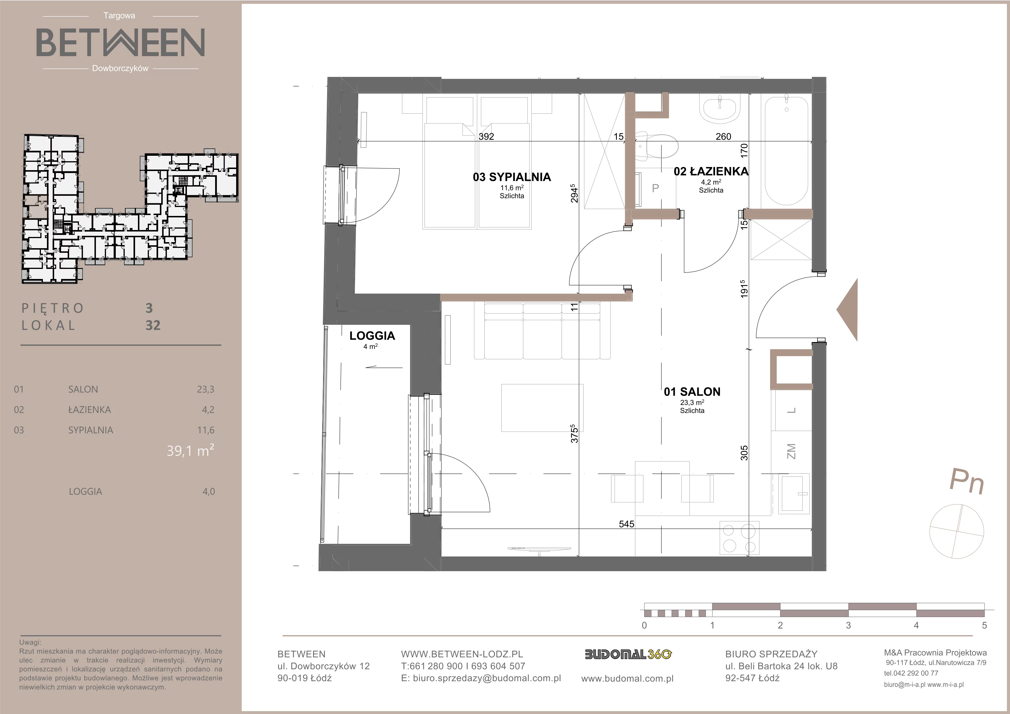2 pokoje, mieszkanie 39,23 m², piętro 3, oferta nr 32, Between, Łódź, Śródmieście, ul. Dowborczyków 12