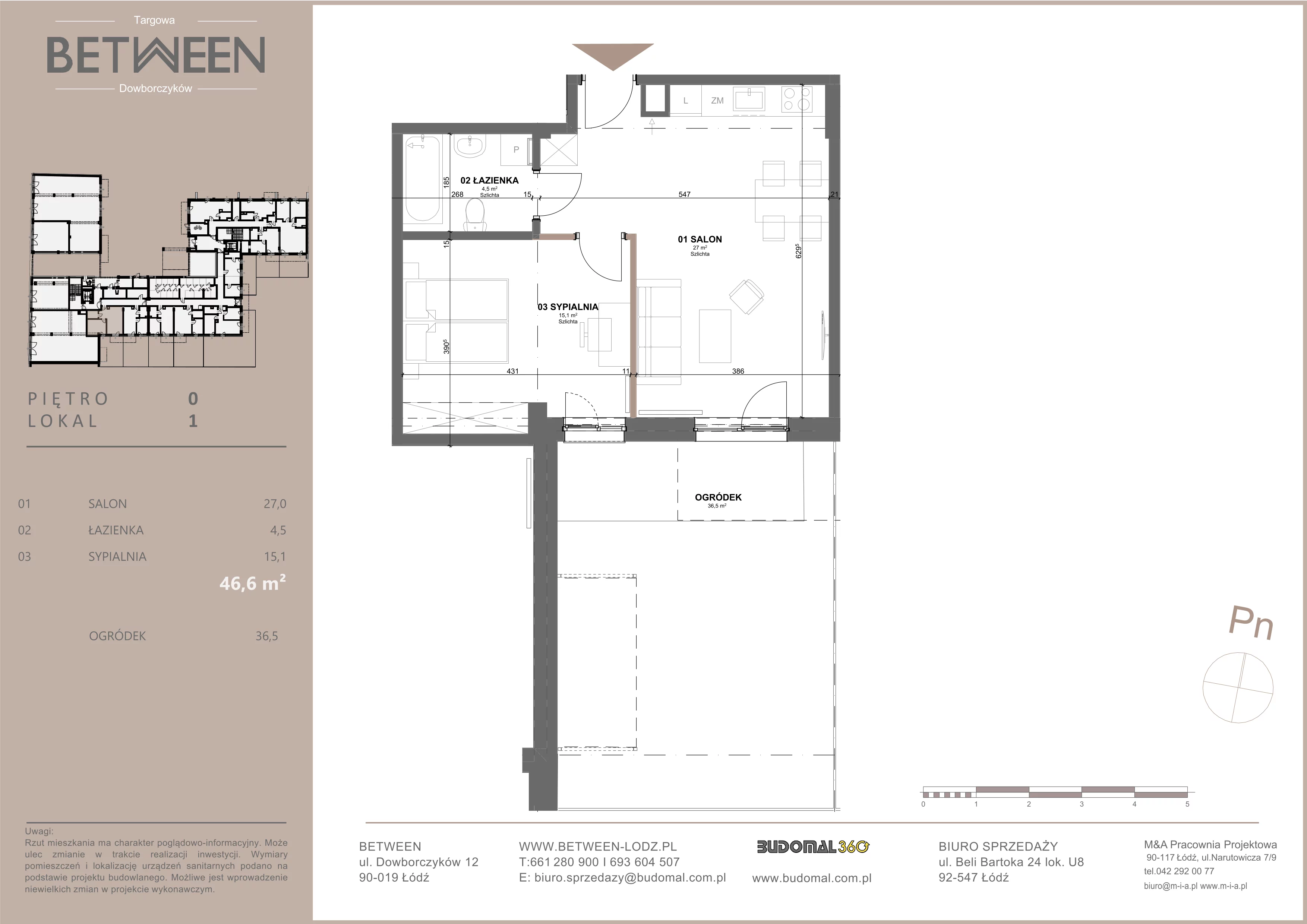 2 pokoje, mieszkanie 46,88 m², parter, oferta nr 1, Between, Łódź, Śródmieście, ul. Dowborczyków 12