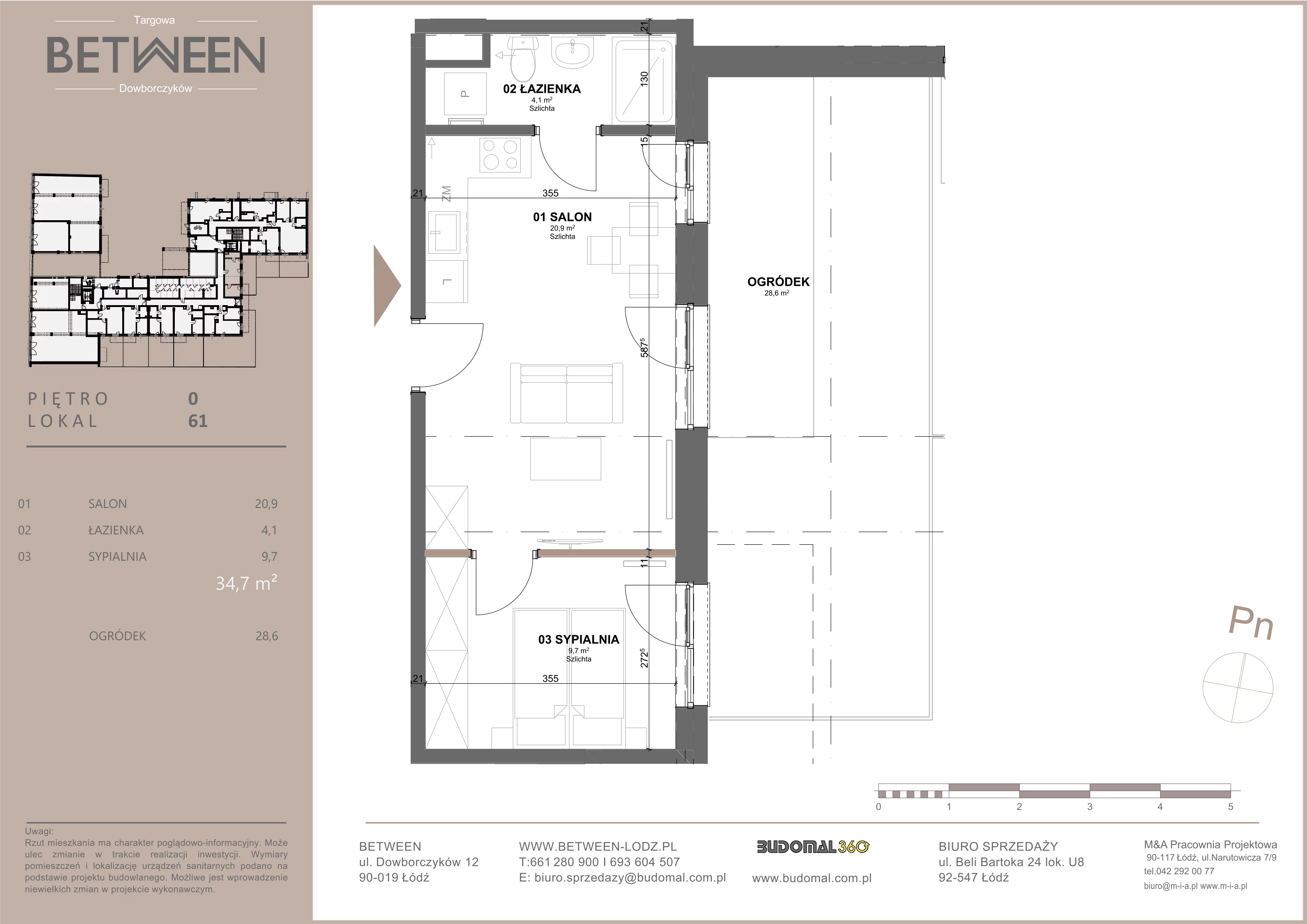 2 pokoje, mieszkanie 34,77 m², parter, oferta nr 61, Between, Łódź, Śródmieście, ul. Dowborczyków 12