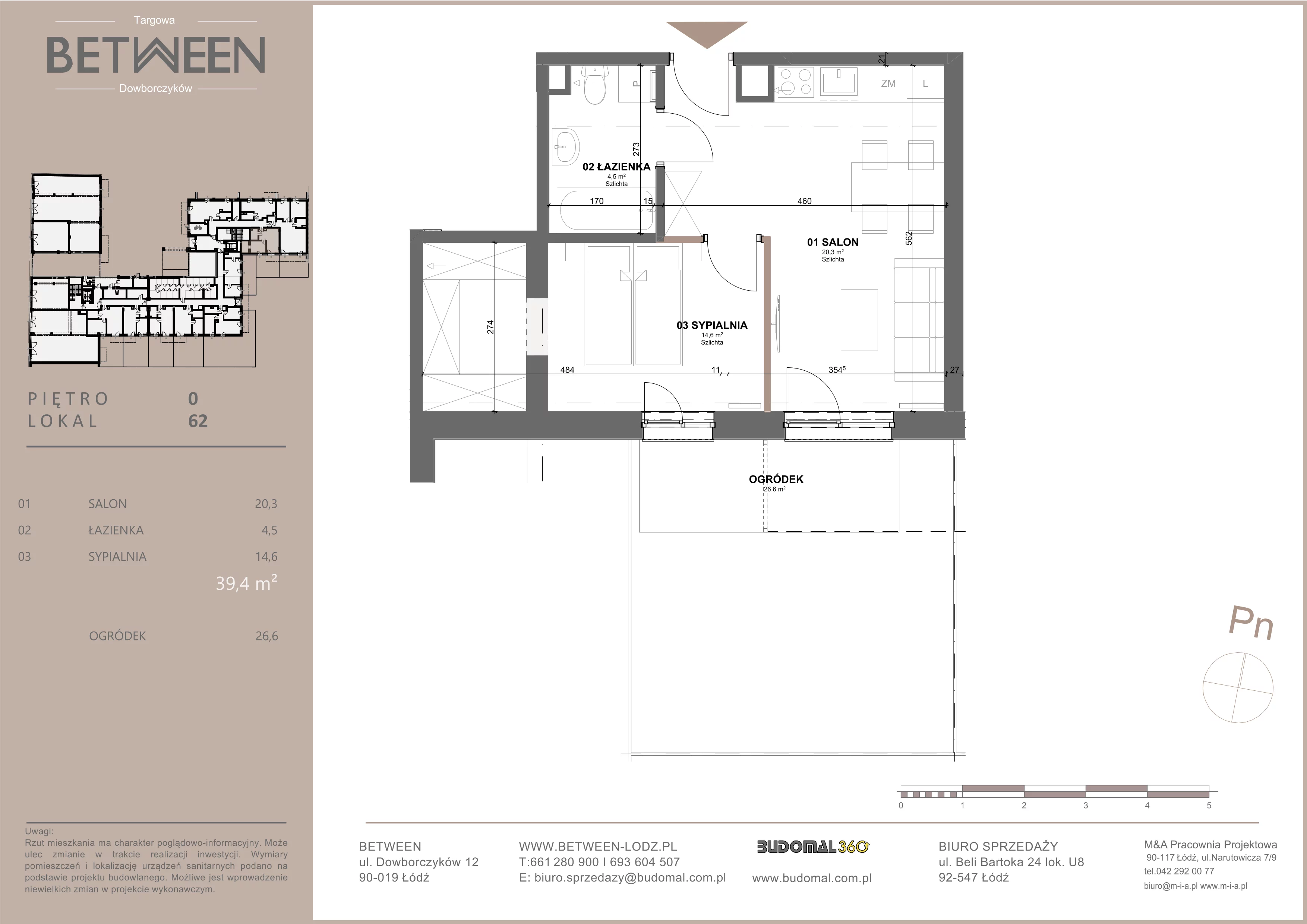 2 pokoje, mieszkanie 39,20 m², parter, oferta nr 62, Between, Łódź, Śródmieście, ul. Dowborczyków 12