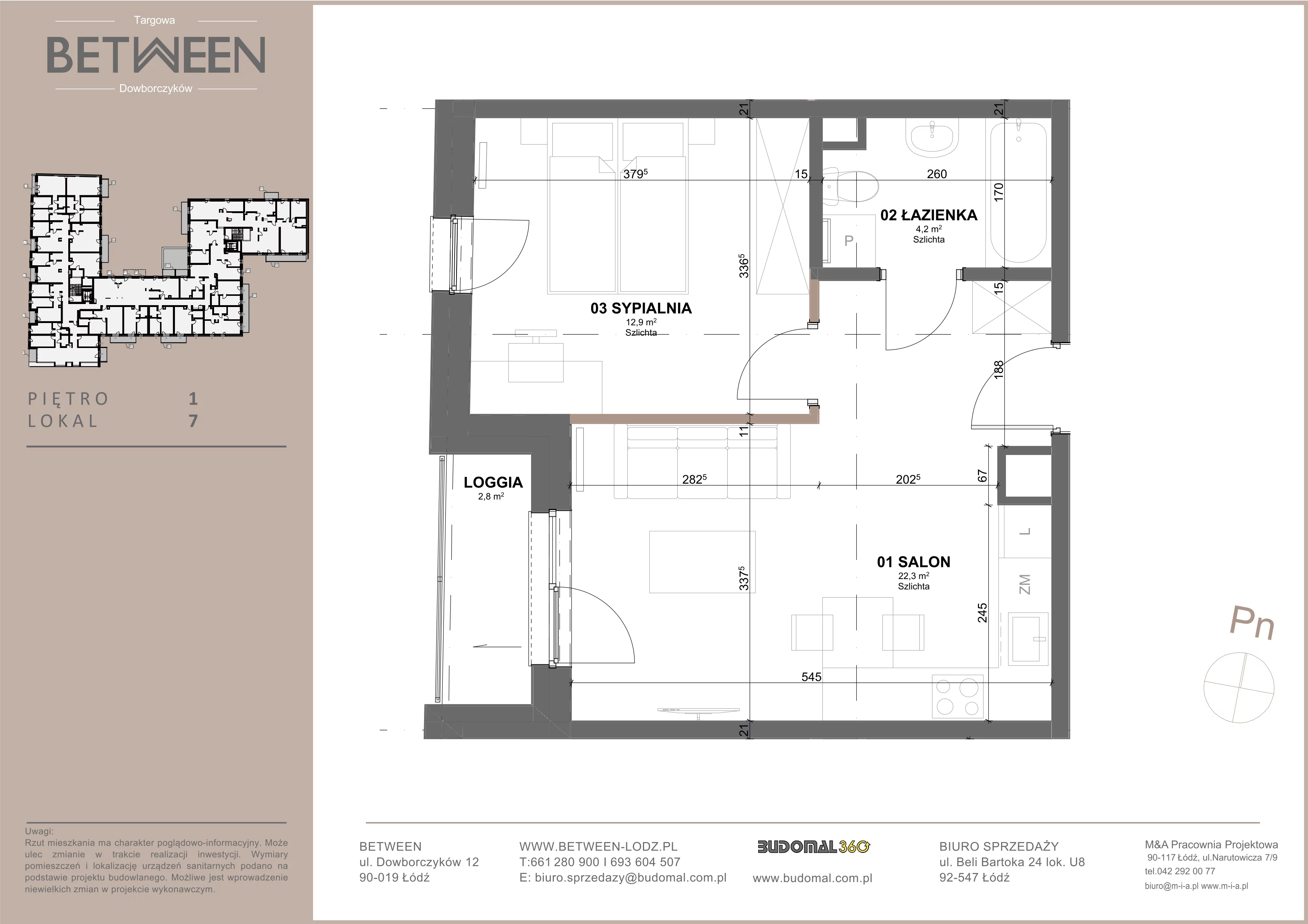 2 pokoje, mieszkanie 39,54 m², piętro 1, oferta nr 7, Between, Łódź, Śródmieście, ul. Dowborczyków 12