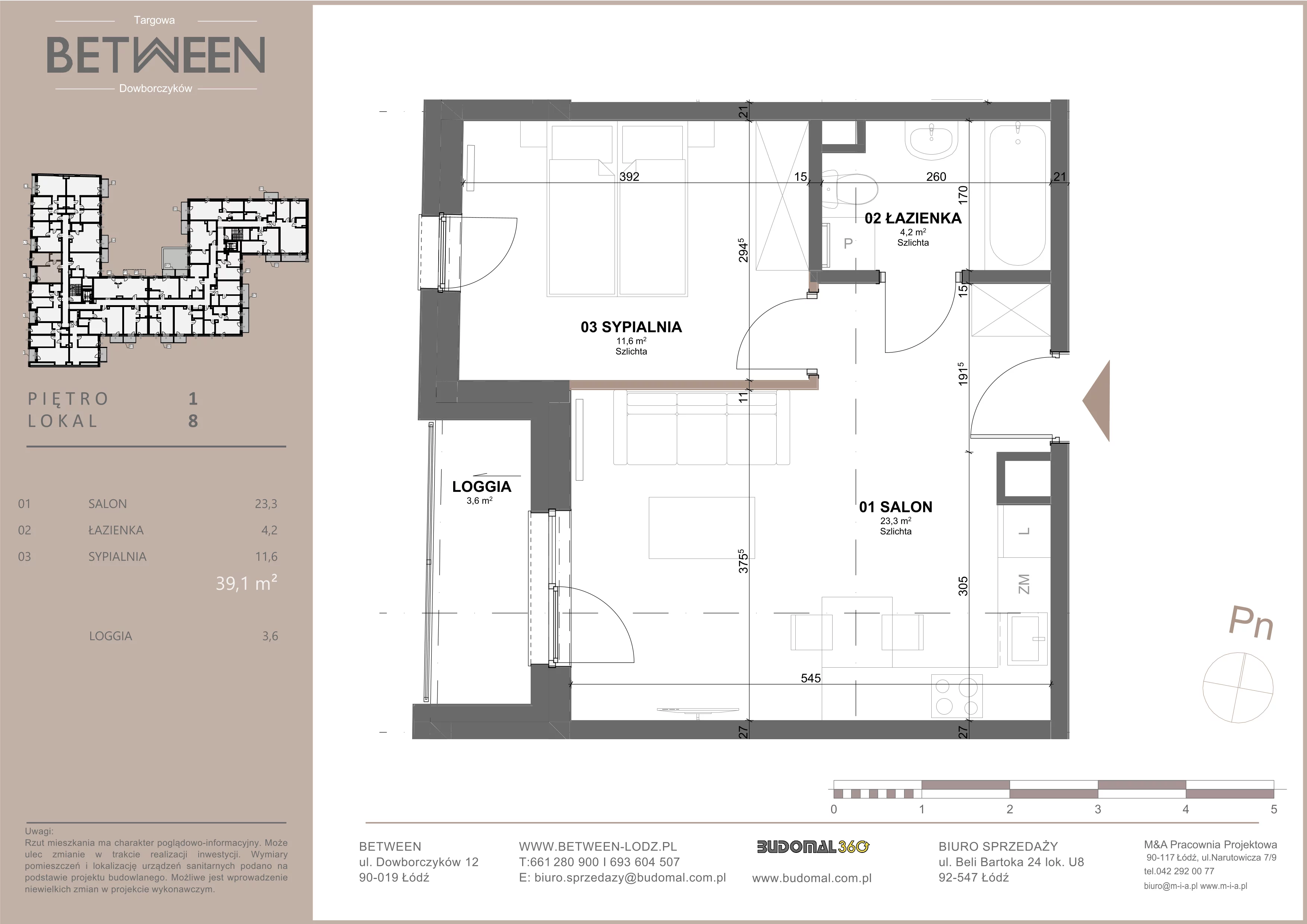 2 pokoje, mieszkanie 39,40 m², piętro 1, oferta nr 8, Between, Łódź, Śródmieście, ul. Dowborczyków 12