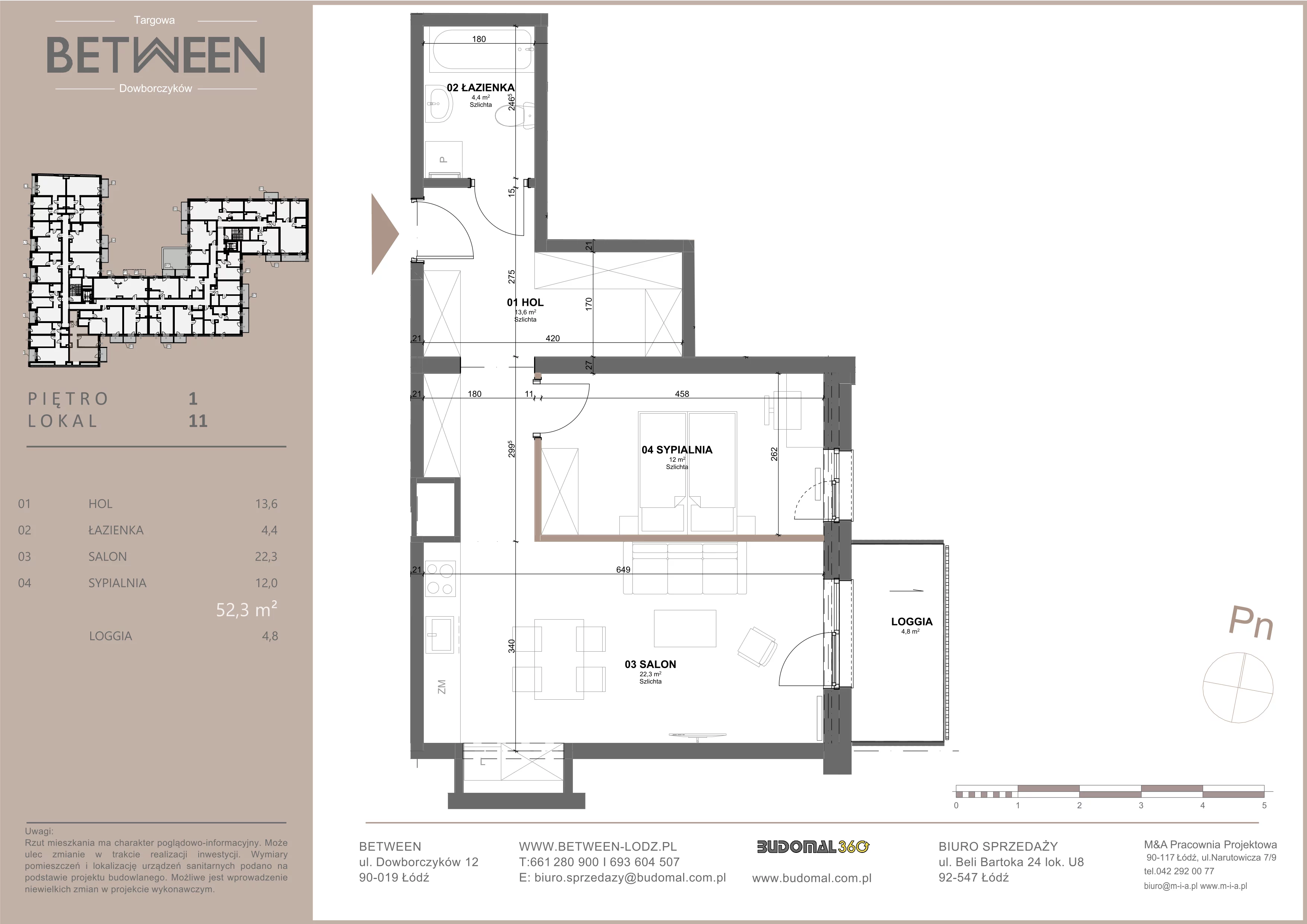 2 pokoje, mieszkanie 52,46 m², piętro 1, oferta nr 11, Between, Łódź, Śródmieście, ul. Dowborczyków 12