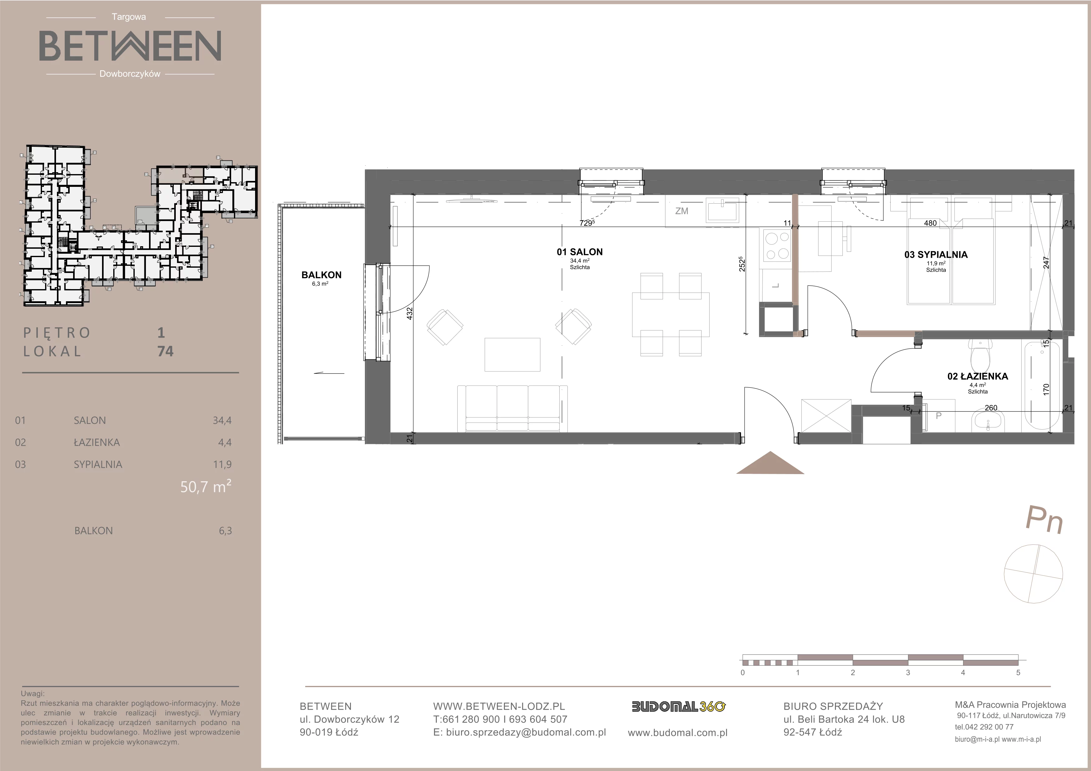 2 pokoje, mieszkanie 50,61 m², piętro 1, oferta nr 74, Between, Łódź, Śródmieście, ul. Dowborczyków 12