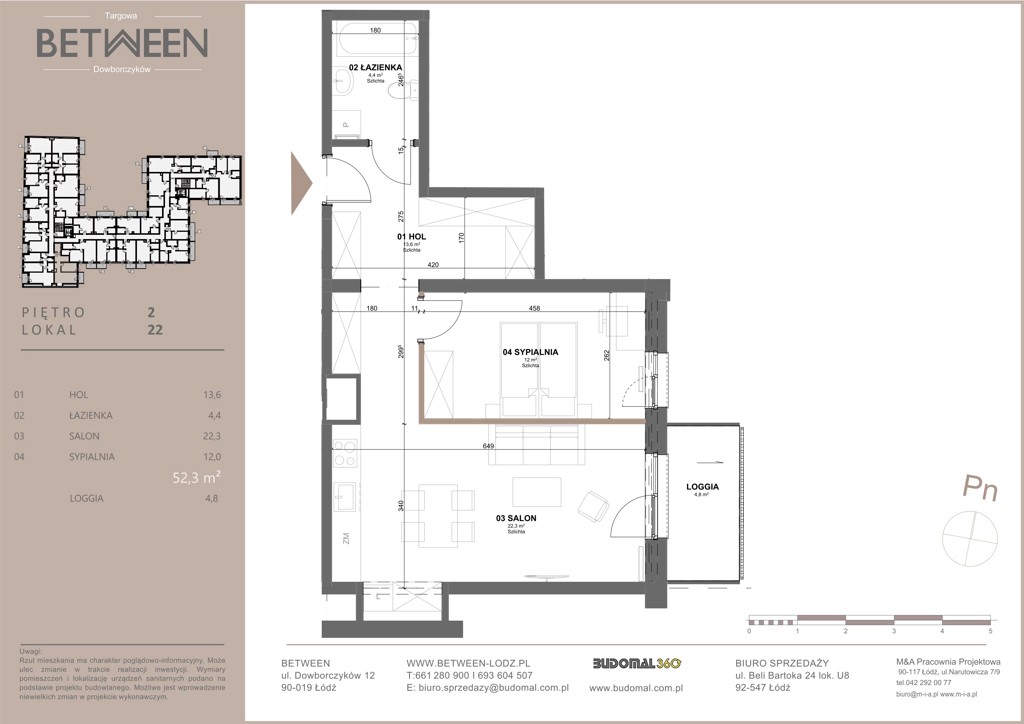 2 pokoje, mieszkanie 52,43 m², piętro 2, oferta nr 22, Between, Łódź, Śródmieście, ul. Dowborczyków 12