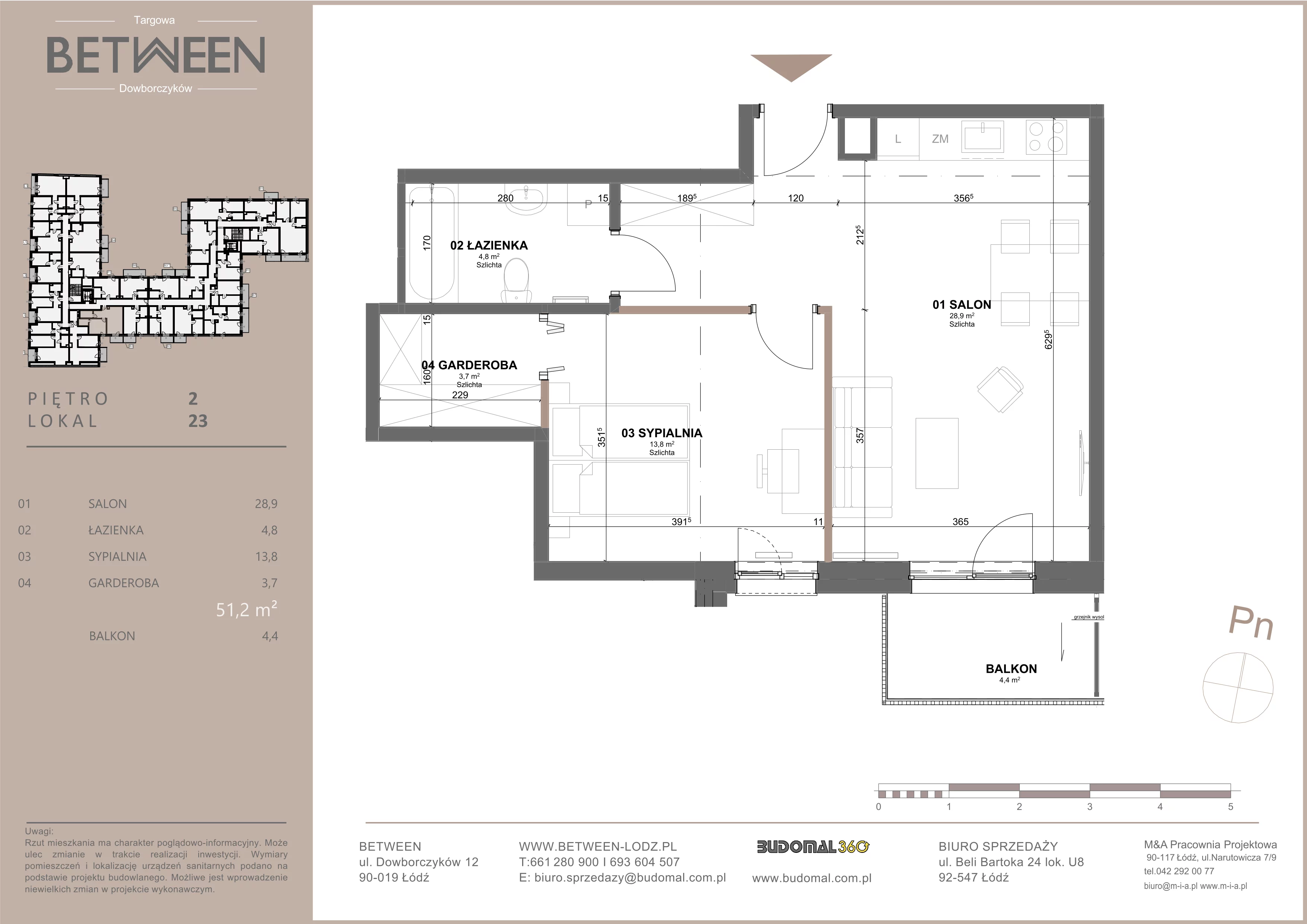 2 pokoje, mieszkanie 50,89 m², piętro 2, oferta nr 23, Between, Łódź, Śródmieście, ul. Dowborczyków 12