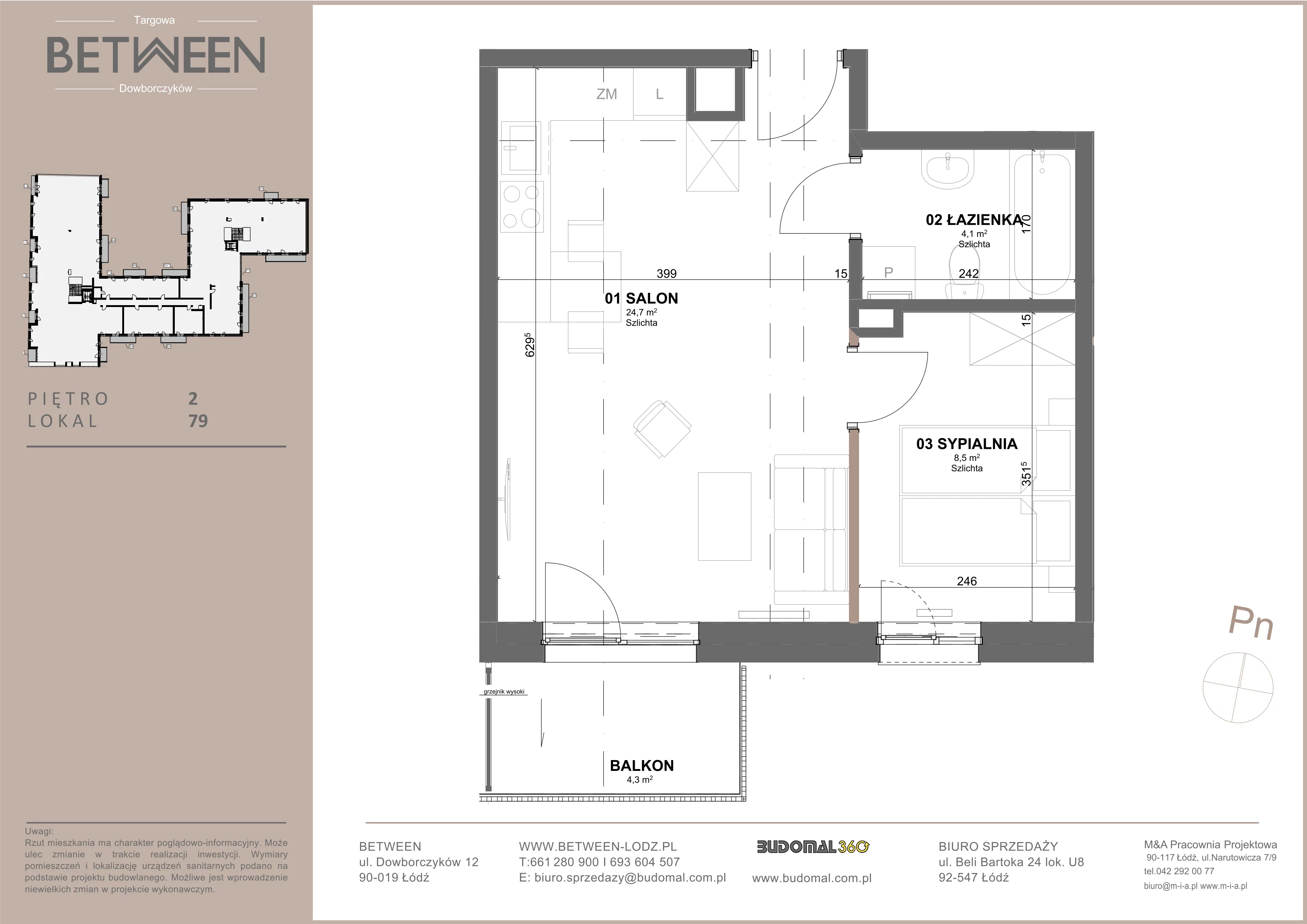 2 pokoje, mieszkanie 37,49 m², piętro 2, oferta nr 79, Between, Łódź, Śródmieście, ul. Dowborczyków 12