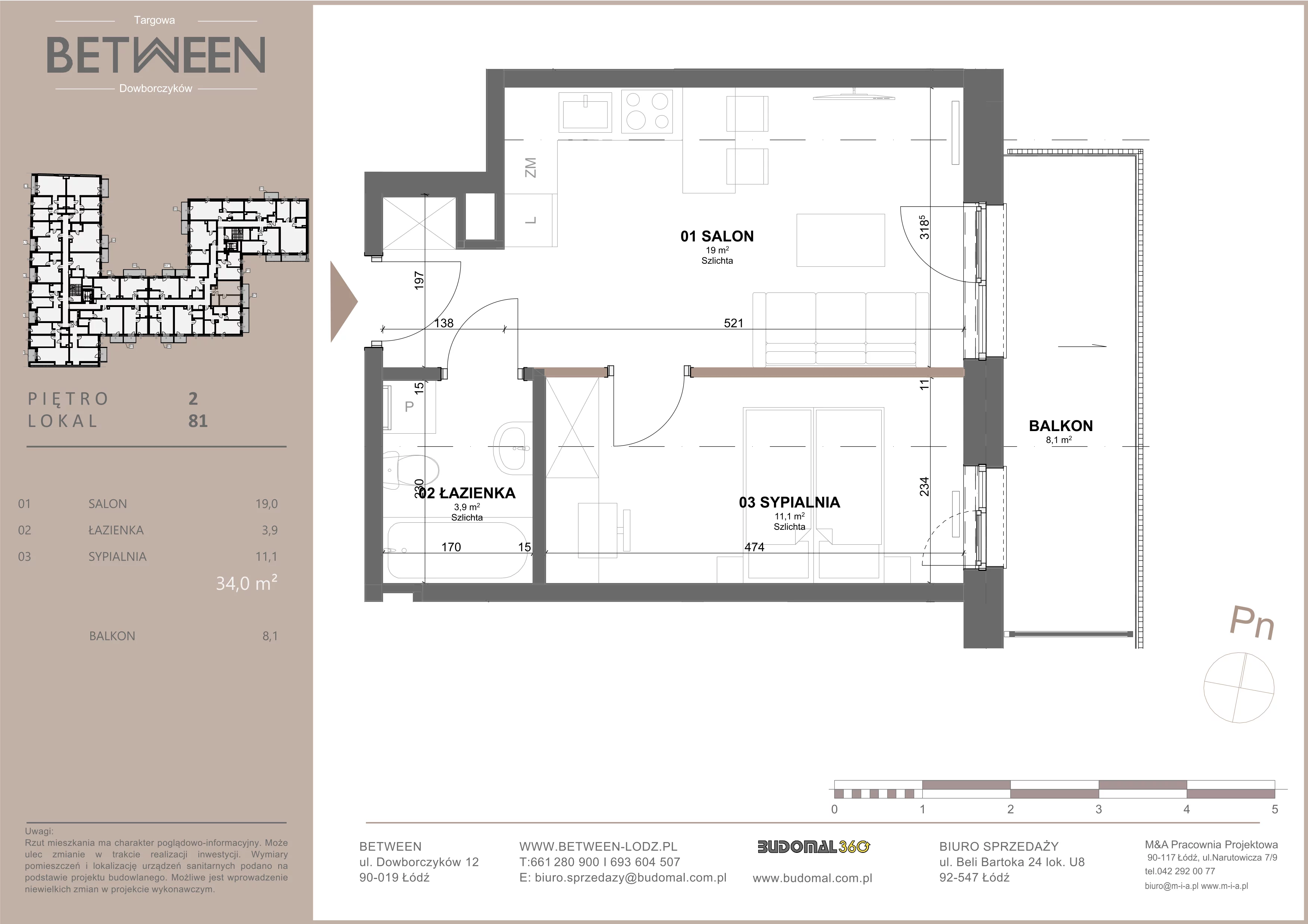 2 pokoje, mieszkanie 34,01 m², piętro 2, oferta nr 81, Between, Łódź, Śródmieście, ul. Dowborczyków 12