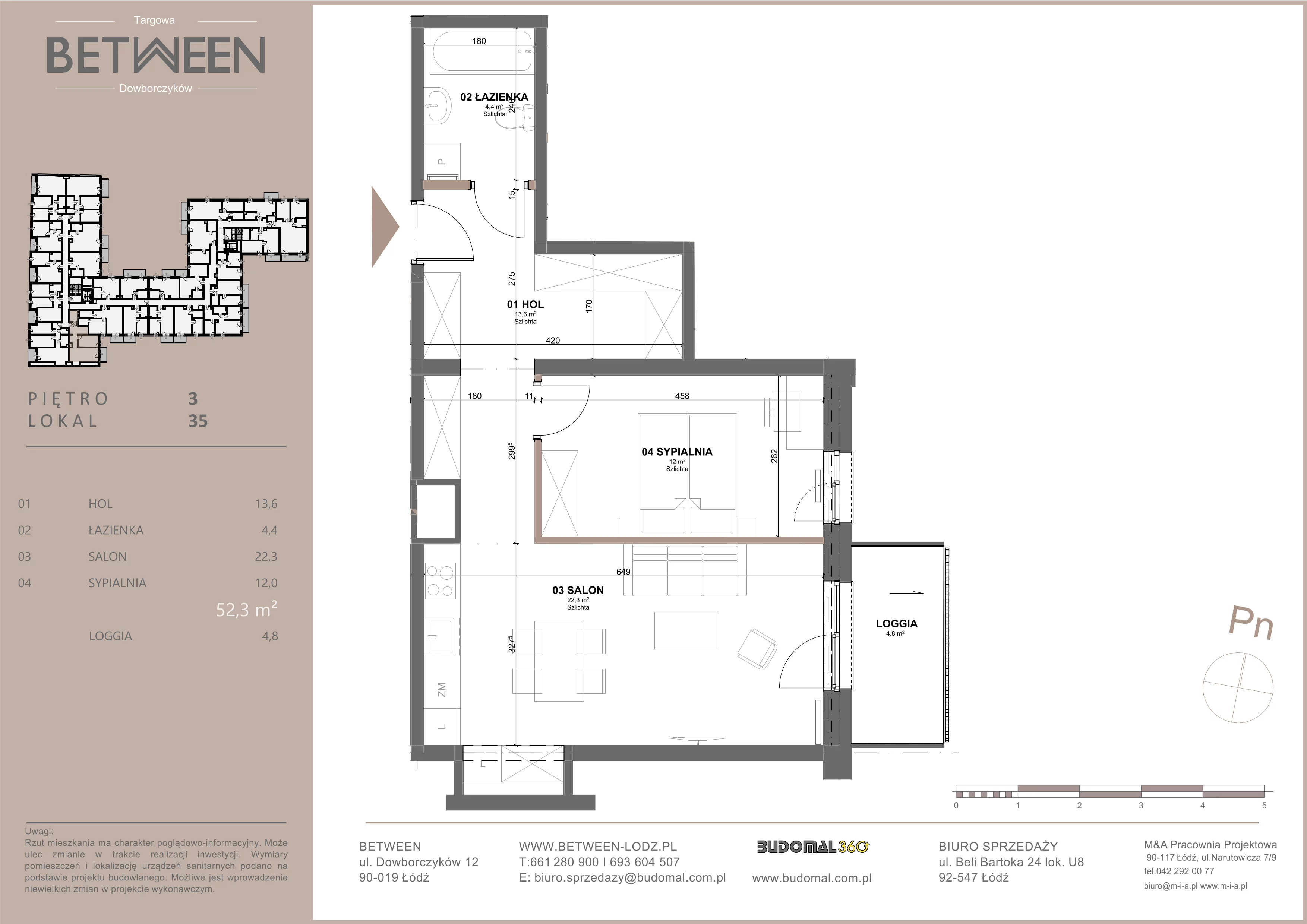 2 pokoje, mieszkanie 52,54 m², piętro 3, oferta nr 35, Between, Łódź, Śródmieście, ul. Dowborczyków 12