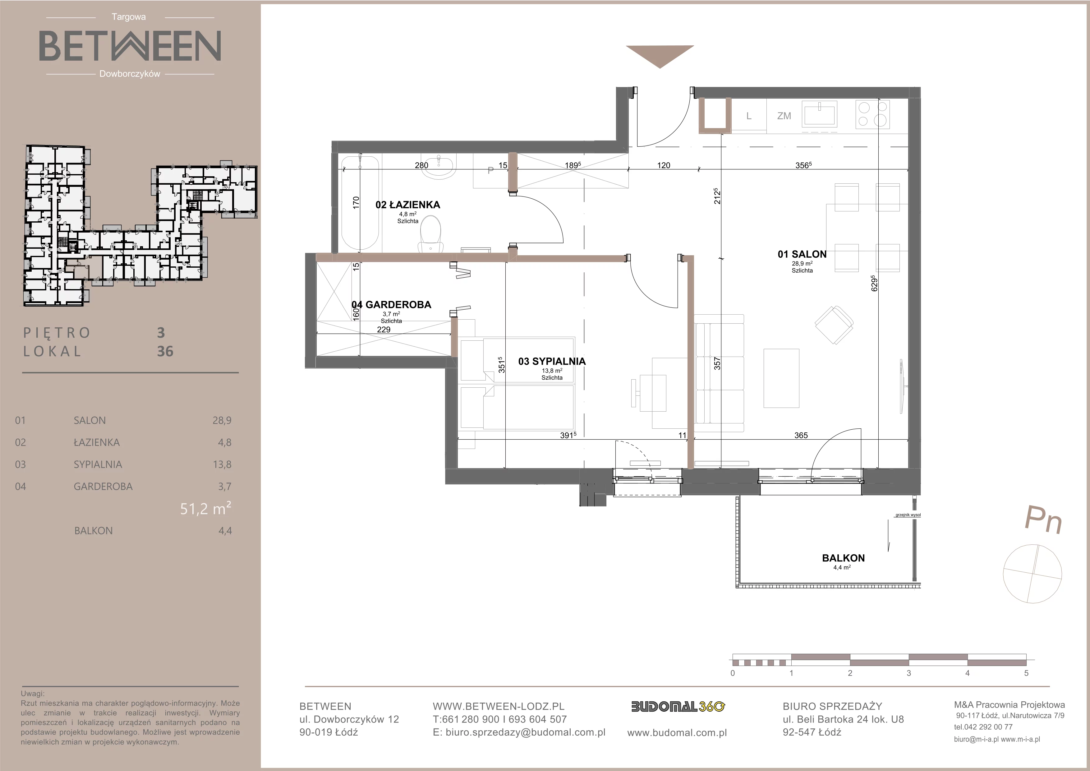 2 pokoje, mieszkanie 51,33 m², piętro 3, oferta nr 36, Between, Łódź, Śródmieście, ul. Dowborczyków 12