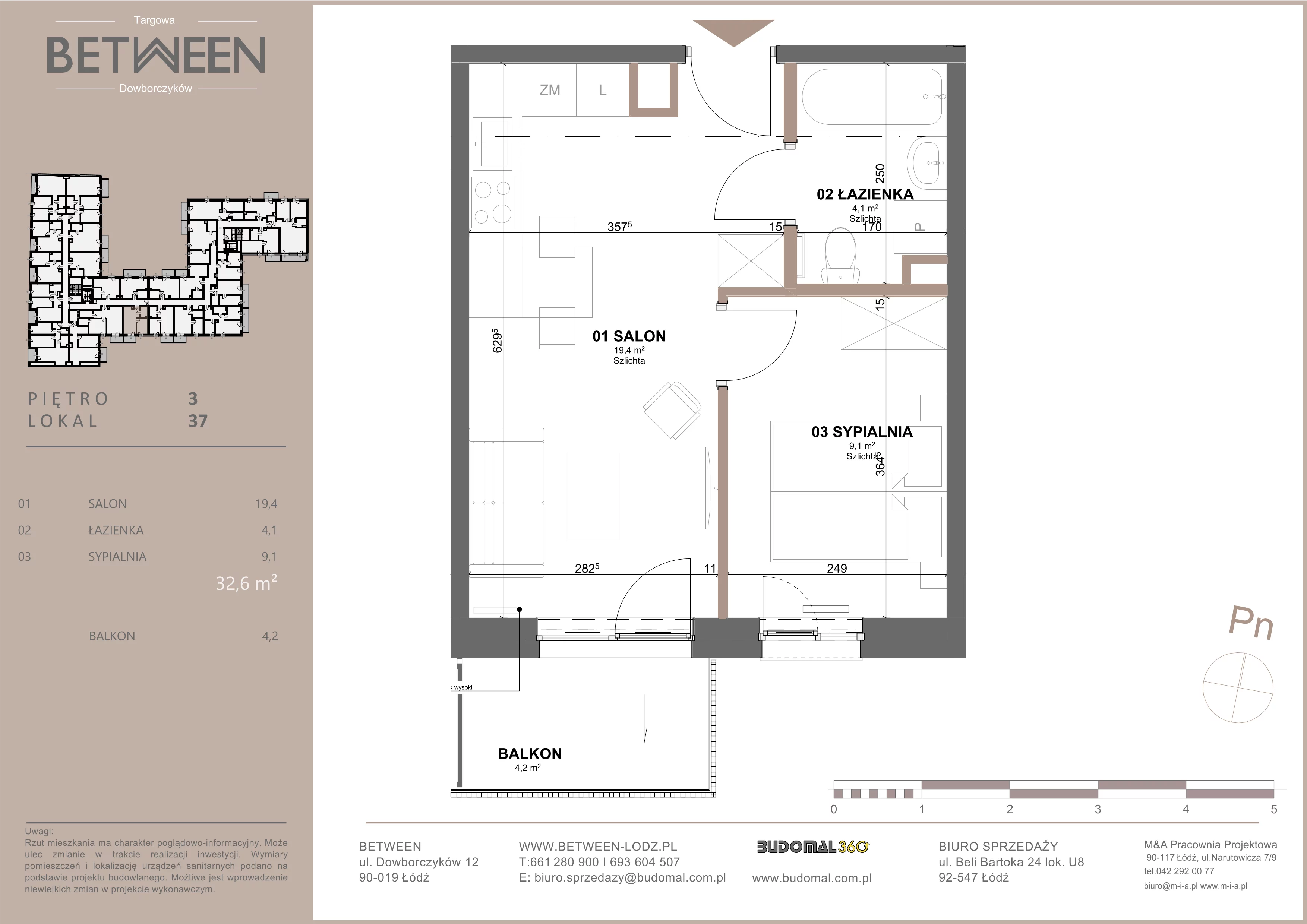 2 pokoje, mieszkanie 32,16 m², piętro 3, oferta nr 37, Between, Łódź, Śródmieście, ul. Dowborczyków 12
