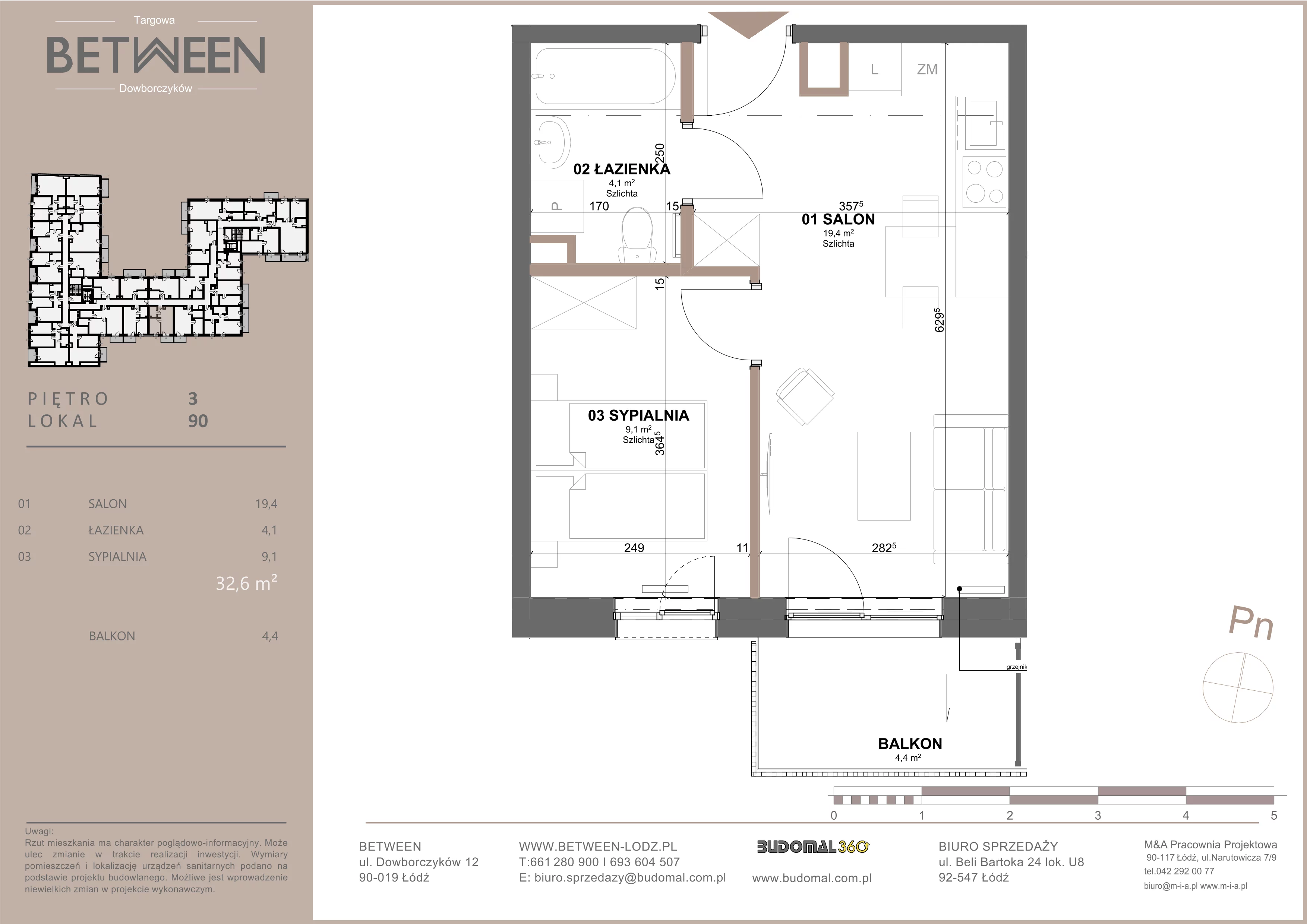 2 pokoje, mieszkanie 32,78 m², piętro 3, oferta nr 90, Between, Łódź, Śródmieście, ul. Dowborczyków 12