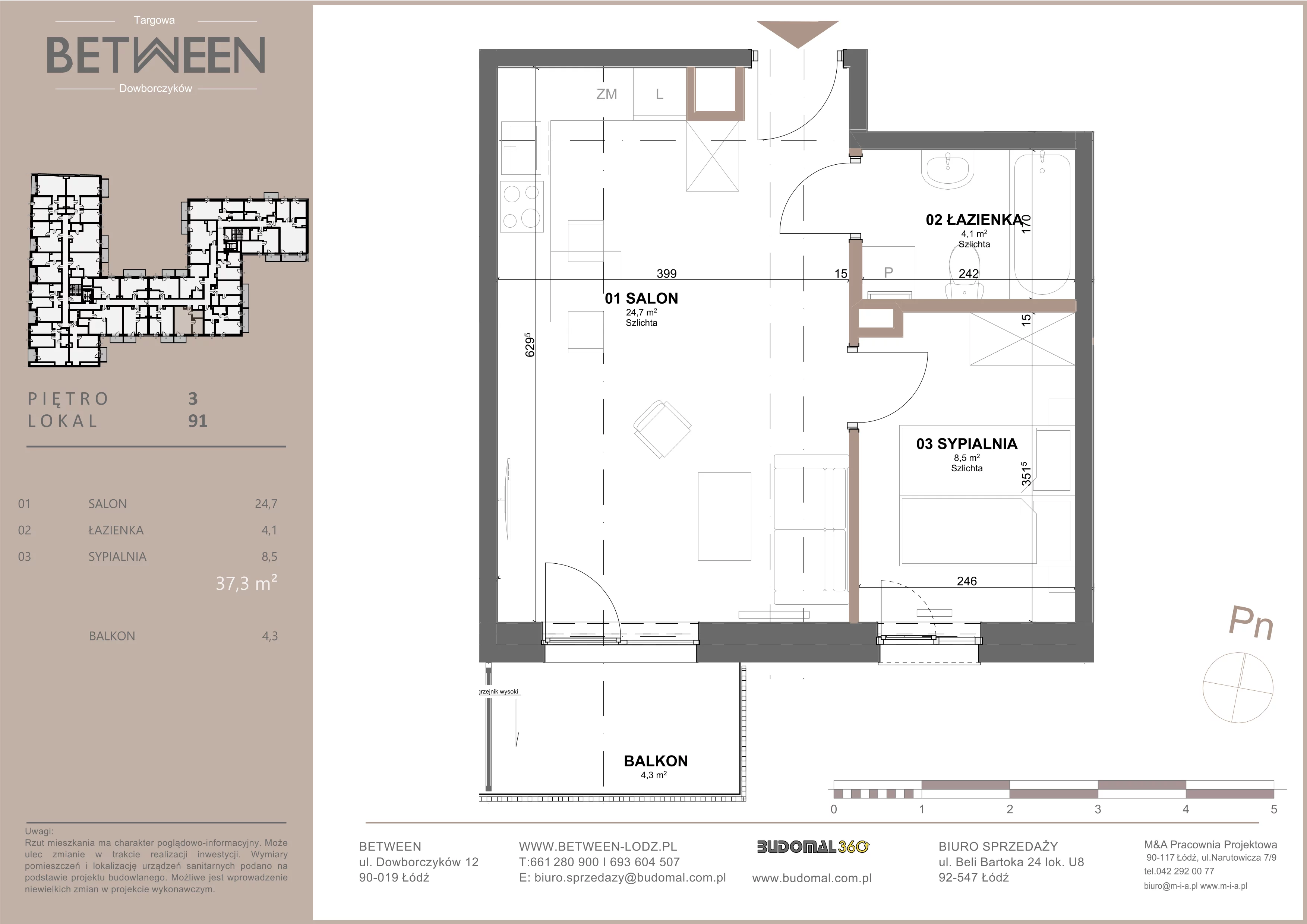 2 pokoje, mieszkanie 37,57 m², piętro 3, oferta nr 91, Between, Łódź, Śródmieście, ul. Dowborczyków 12