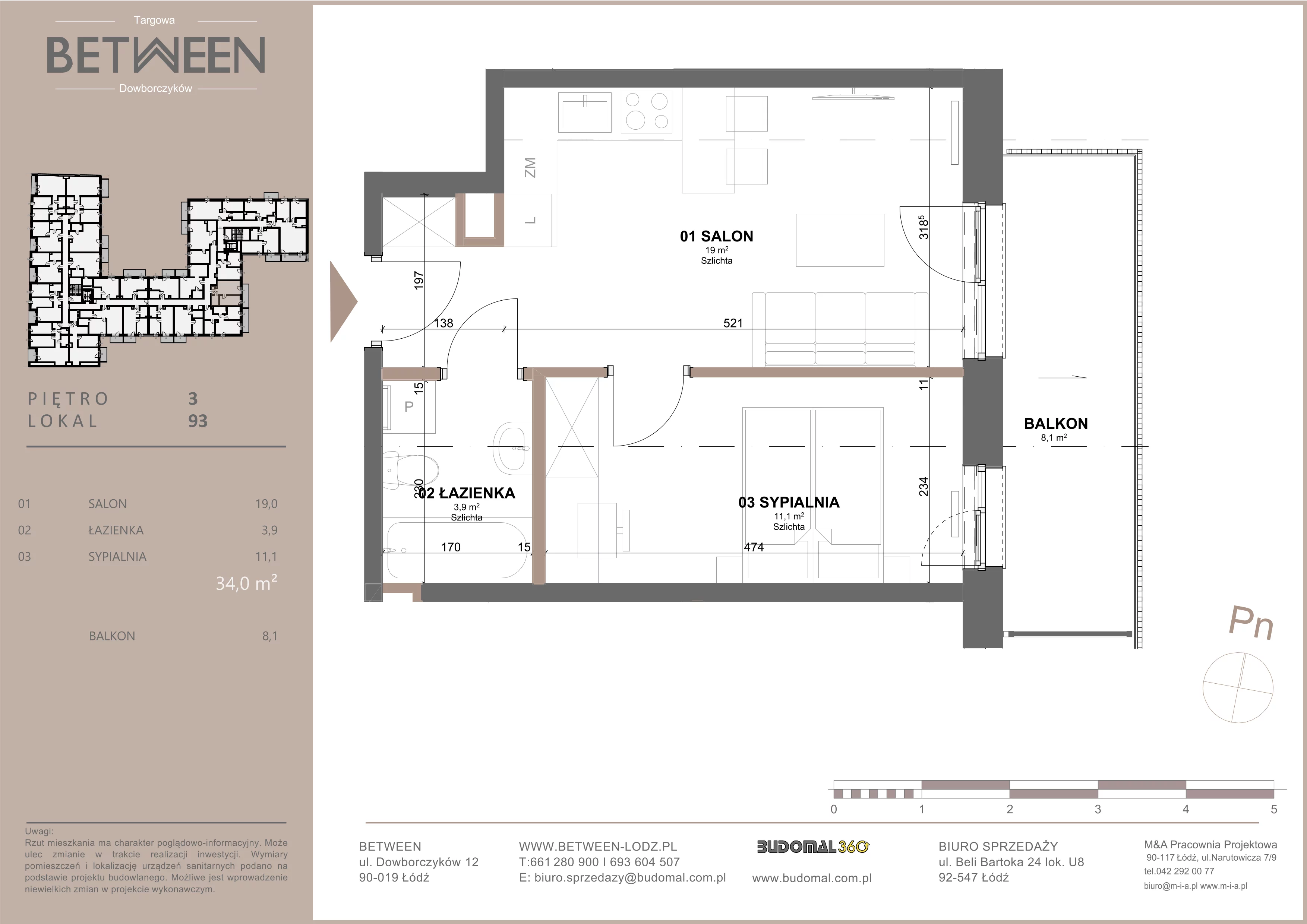 2 pokoje, mieszkanie 34,14 m², piętro 3, oferta nr 93, Between, Łódź, Śródmieście, ul. Dowborczyków 12