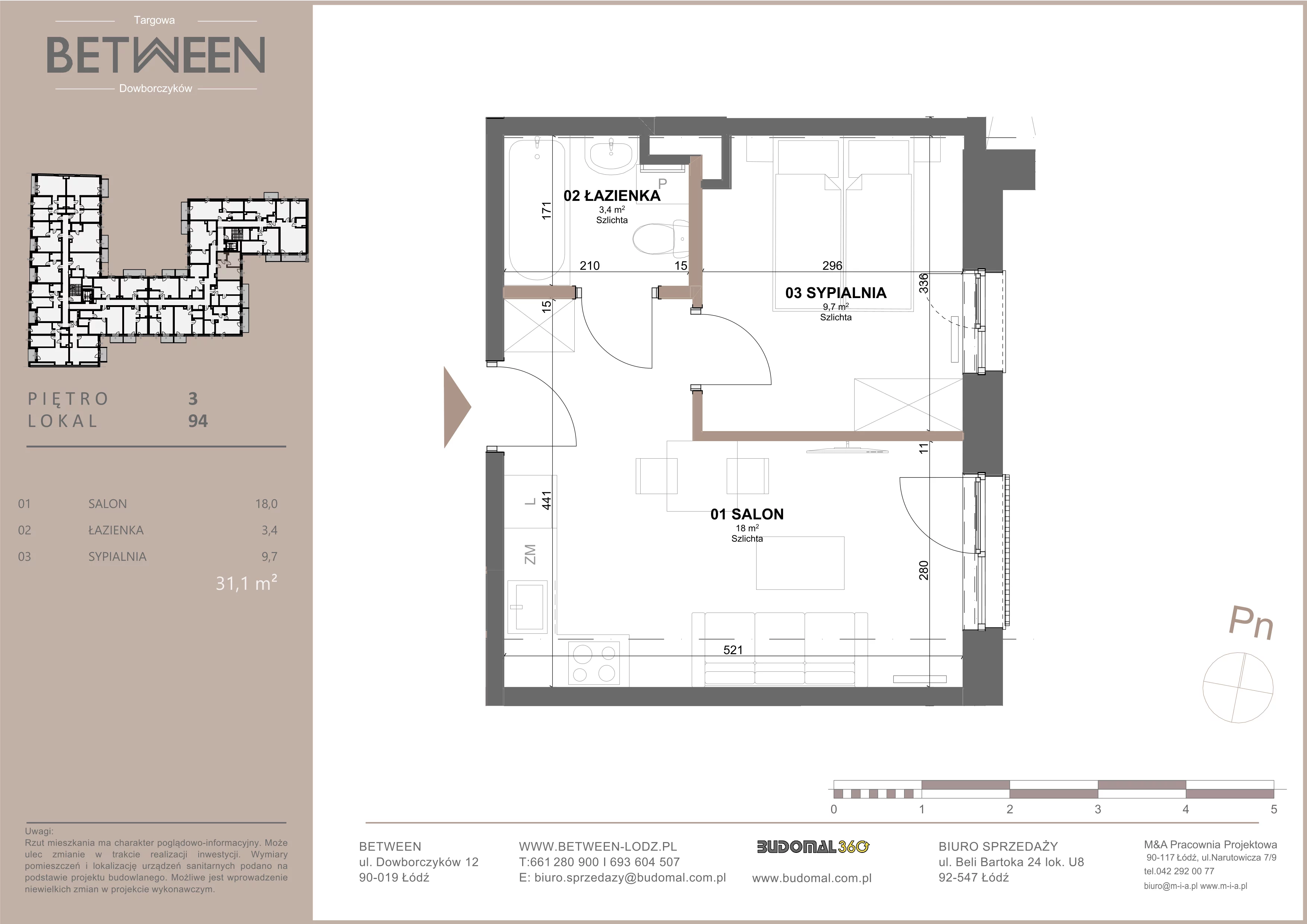 2 pokoje, mieszkanie 31,32 m², piętro 3, oferta nr 94, Between, Łódź, Śródmieście, ul. Dowborczyków 12