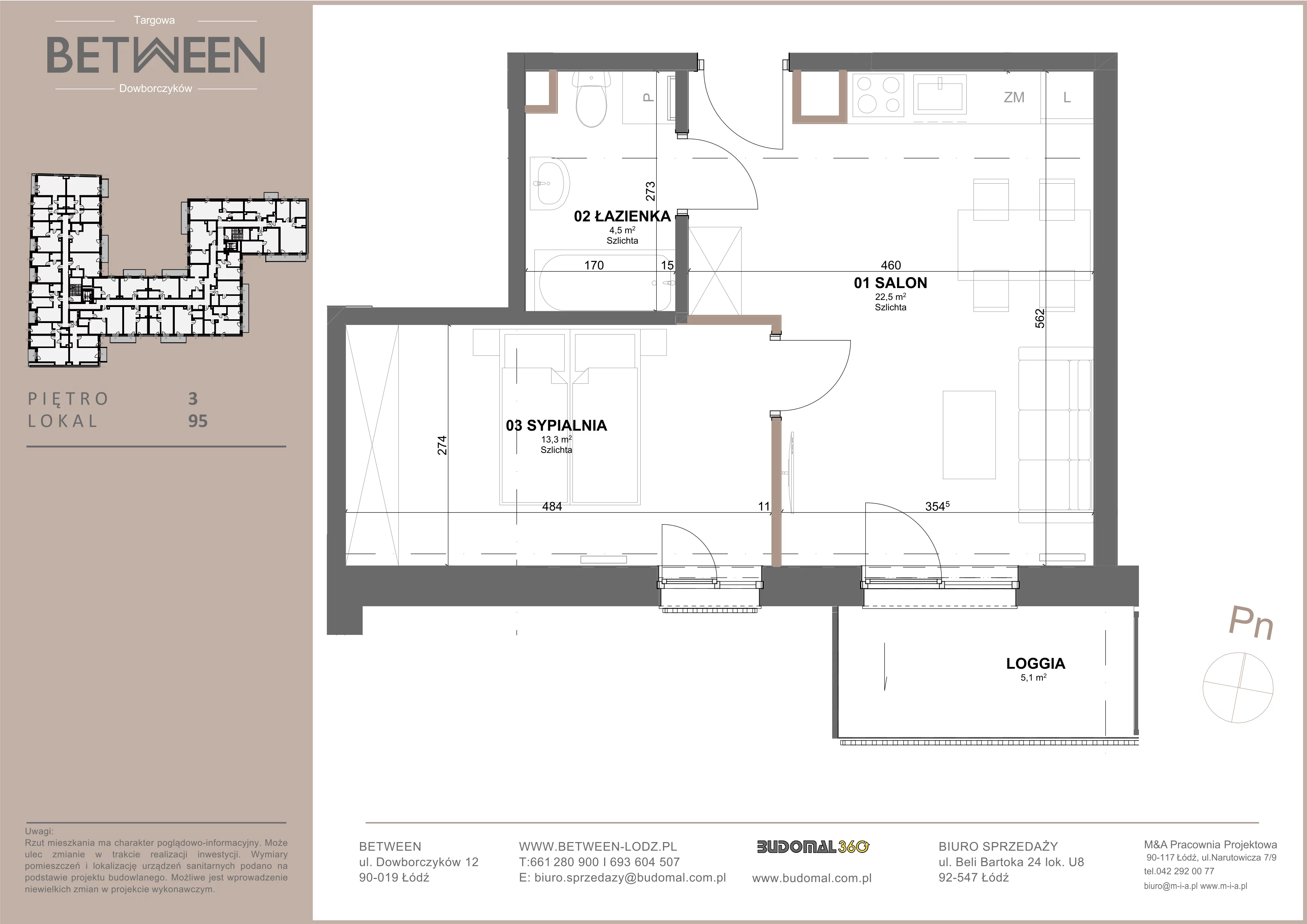 2 pokoje, mieszkanie 40,33 m², piętro 3, oferta nr 95, Between, Łódź, Śródmieście, ul. Dowborczyków 12