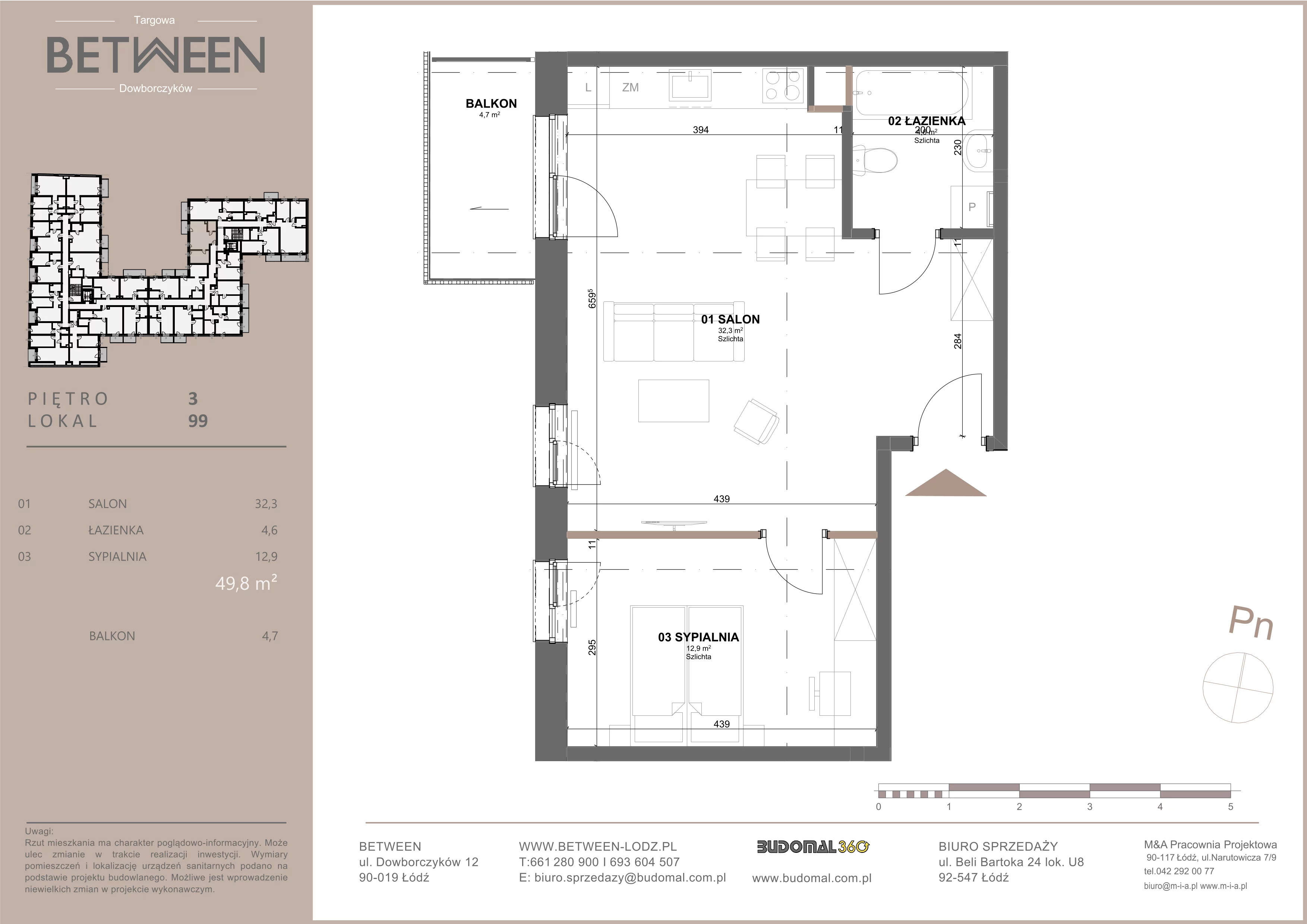 2 pokoje, mieszkanie 49,69 m², piętro 3, oferta nr 99, Between, Łódź, Śródmieście, ul. Dowborczyków 12