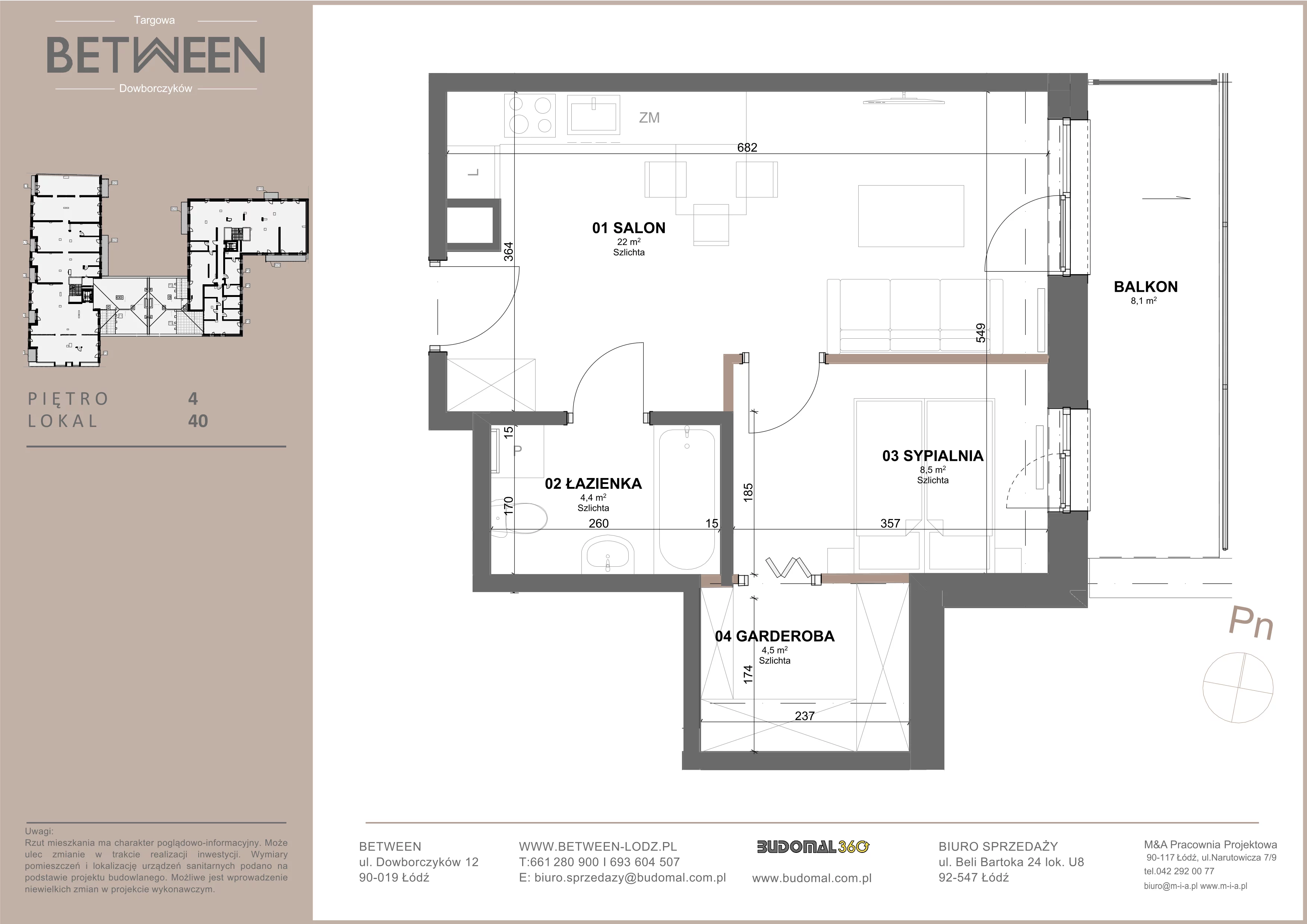 2 pokoje, mieszkanie 39,76 m², piętro 4, oferta nr 40, Between, Łódź, Śródmieście, ul. Dowborczyków 12