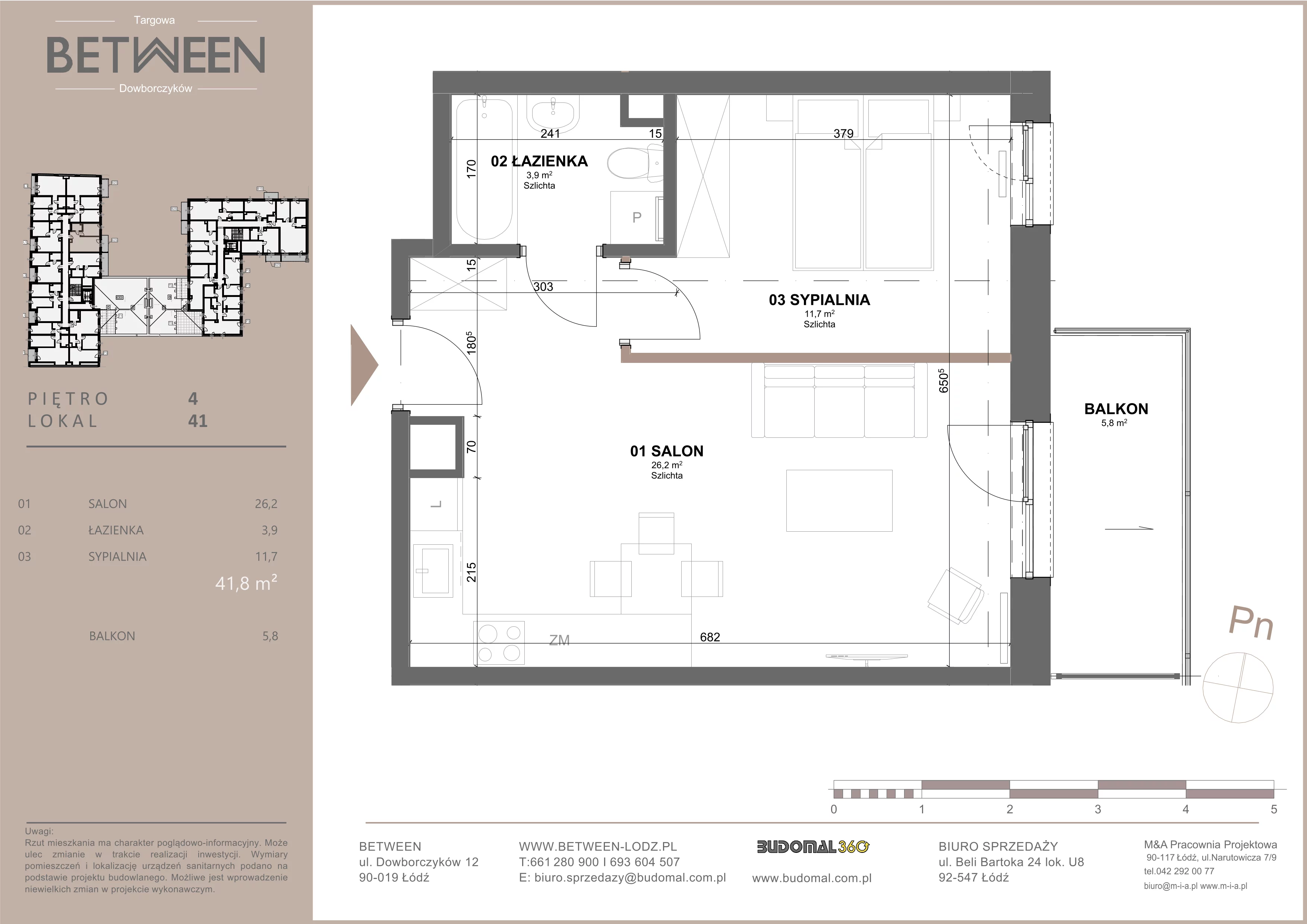 2 pokoje, mieszkanie 41,68 m², piętro 4, oferta nr 41, Between, Łódź, Śródmieście, ul. Dowborczyków 12