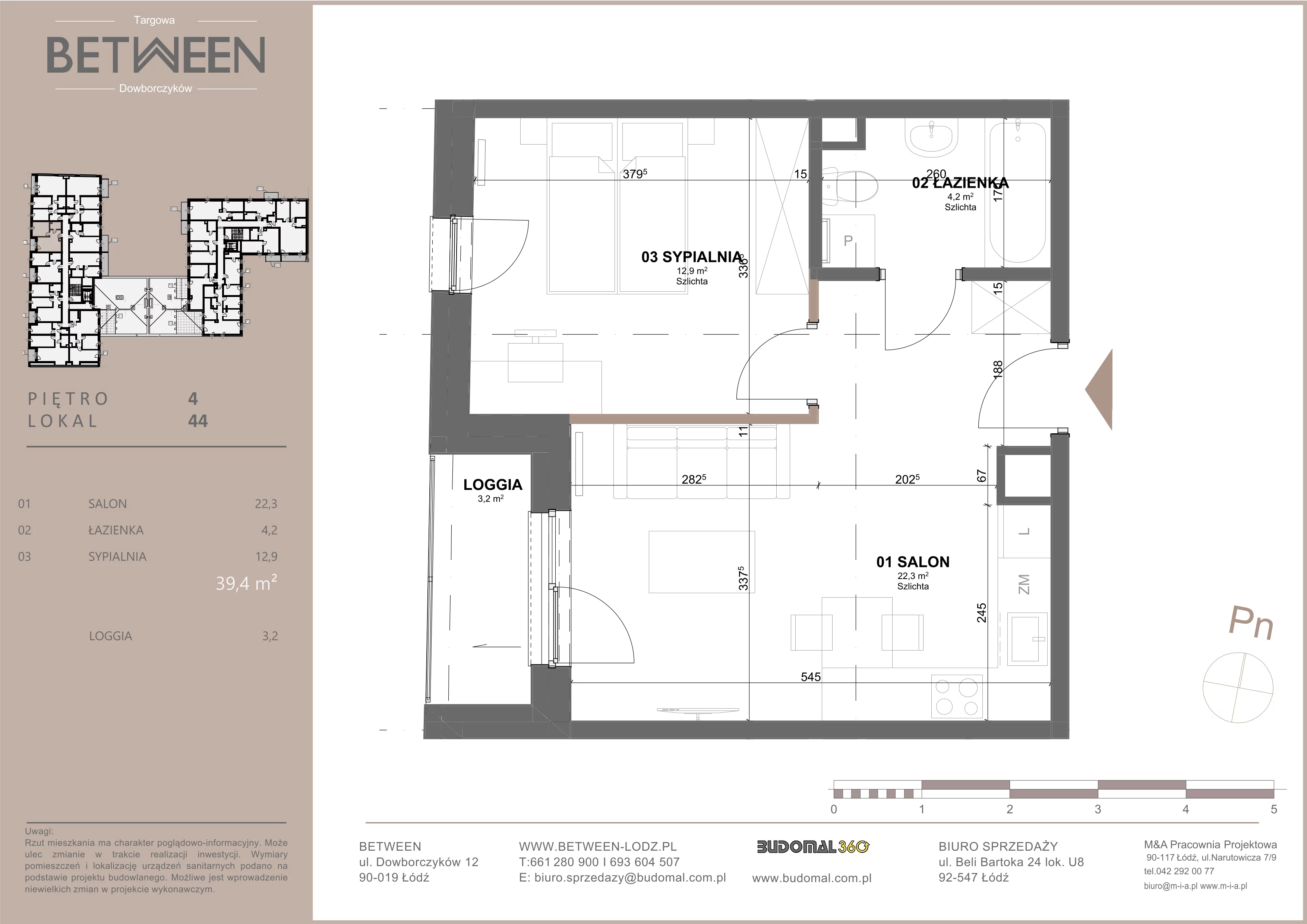 2 pokoje, mieszkanie 39,09 m², piętro 4, oferta nr 44, Between, Łódź, Śródmieście, ul. Dowborczyków 12