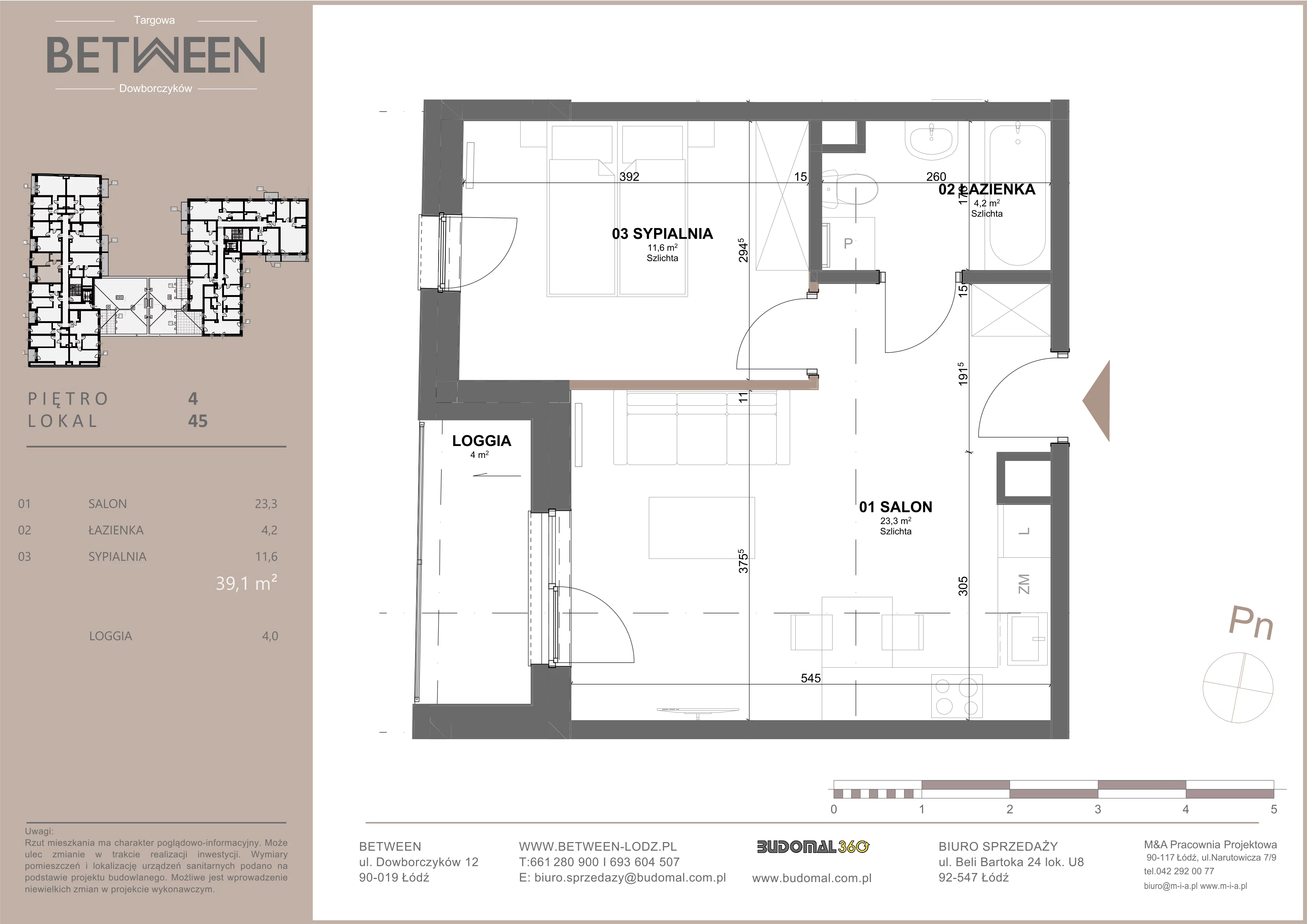2 pokoje, mieszkanie 38,99 m², piętro 4, oferta nr 45, Between, Łódź, Śródmieście, ul. Dowborczyków 12