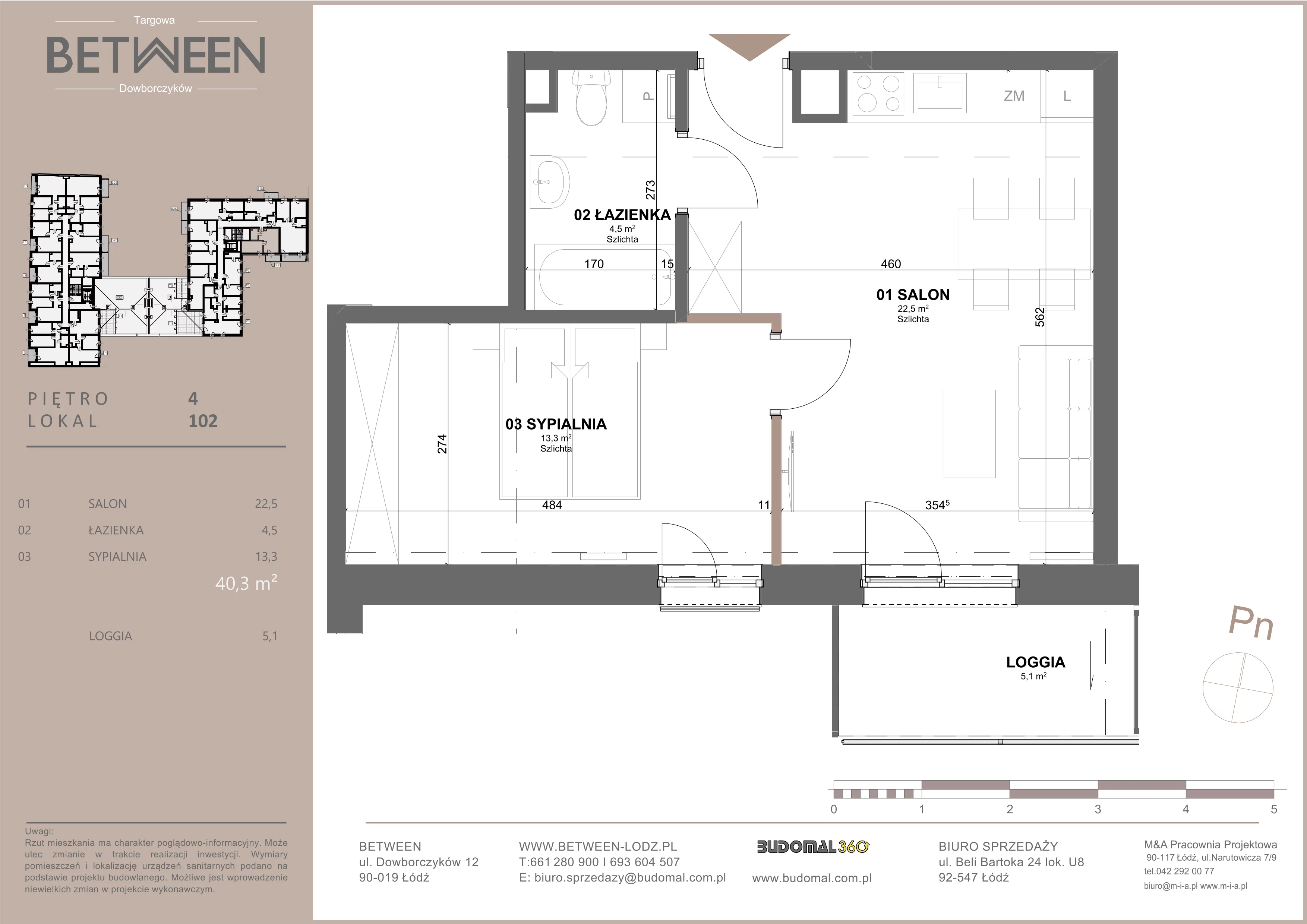 2 pokoje, mieszkanie 40,29 m², piętro 4, oferta nr 102, Between, Łódź, Śródmieście, ul. Dowborczyków 12