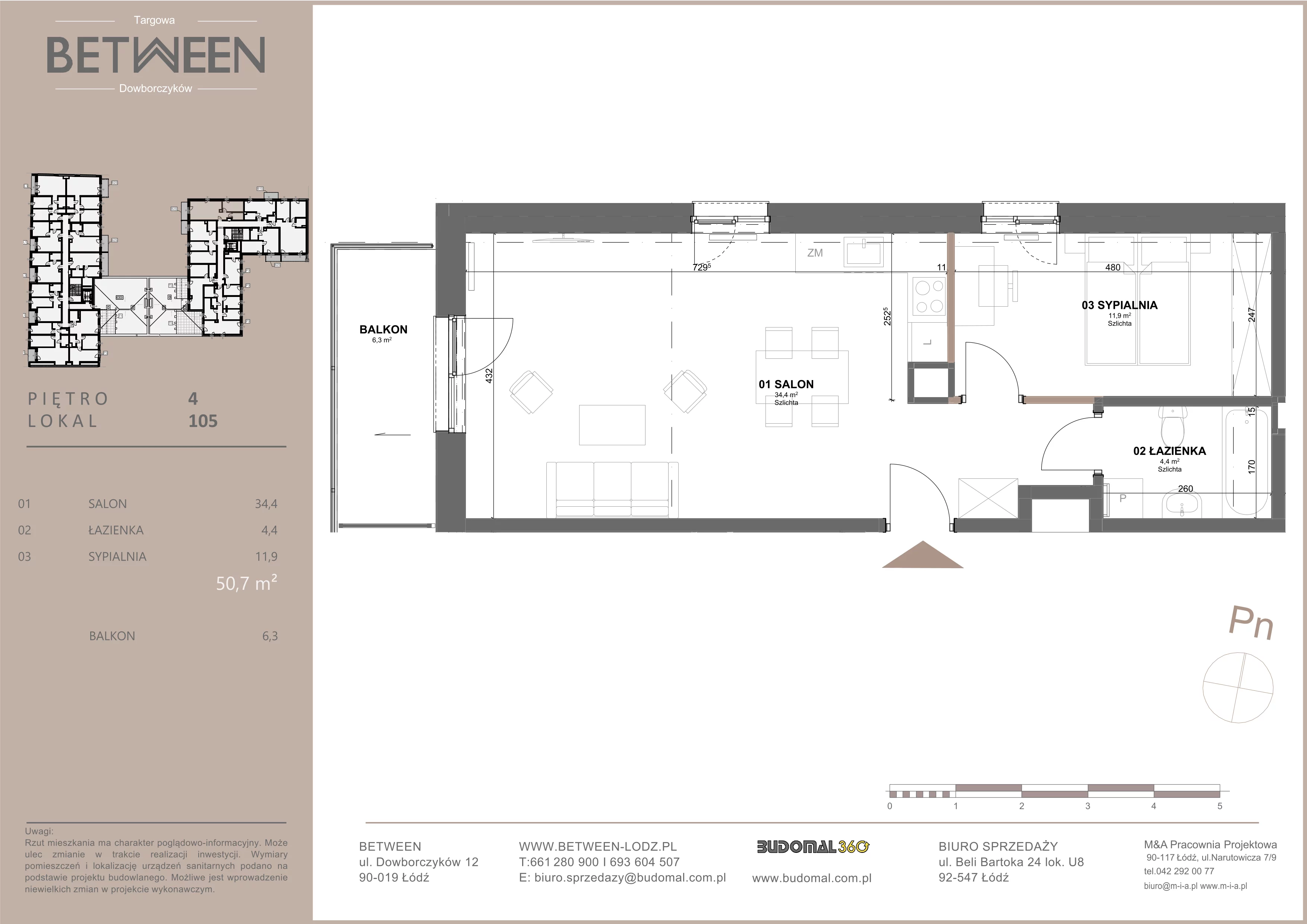 2 pokoje, mieszkanie 50,78 m², piętro 4, oferta nr 105, Between, Łódź, Śródmieście, ul. Dowborczyków 12