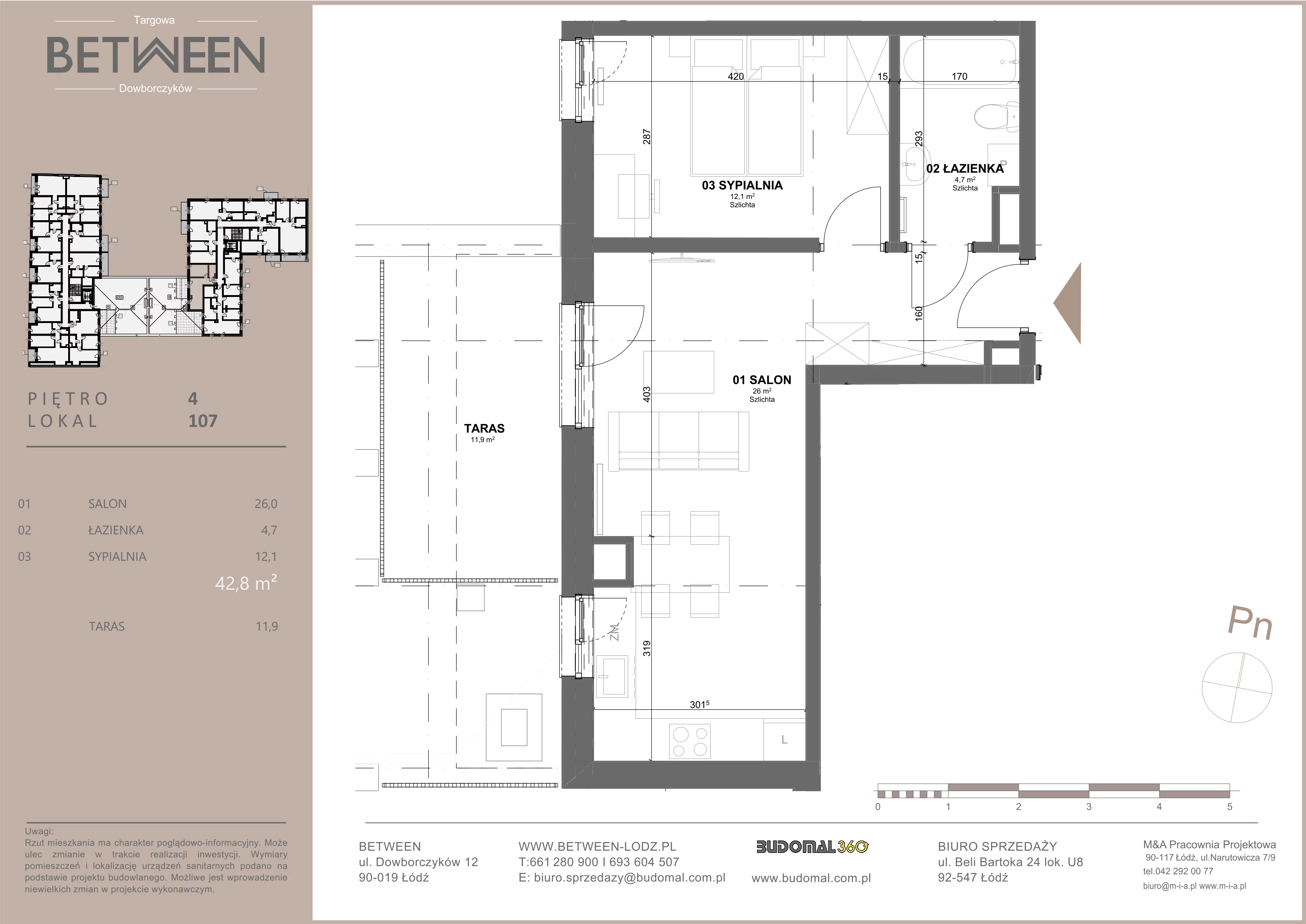 2 pokoje, mieszkanie 43,20 m², piętro 4, oferta nr 107, Between, Łódź, Śródmieście, ul. Dowborczyków 12