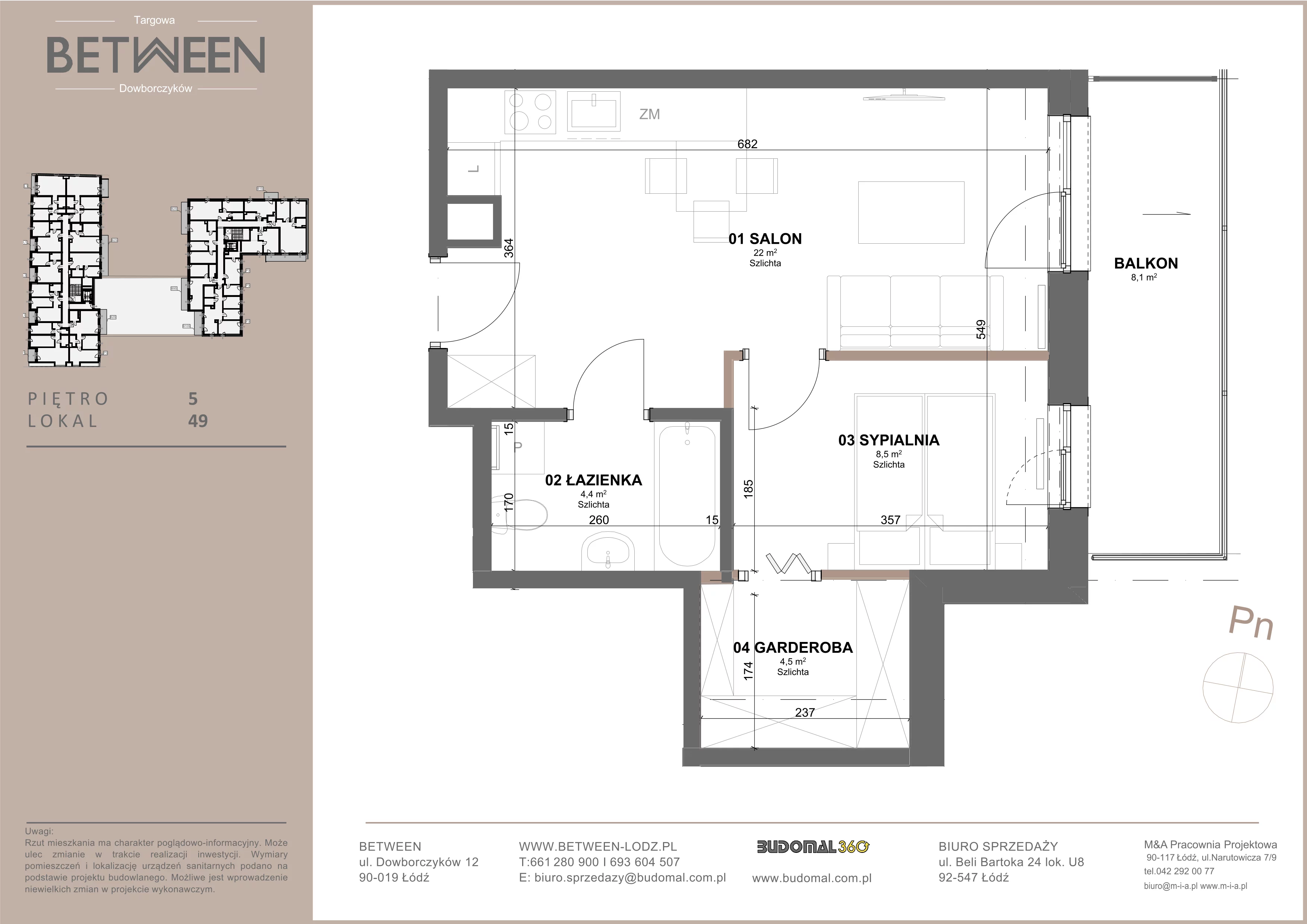2 pokoje, mieszkanie 39,79 m², piętro 5, oferta nr 49, Between, Łódź, Śródmieście, ul. Dowborczyków 12