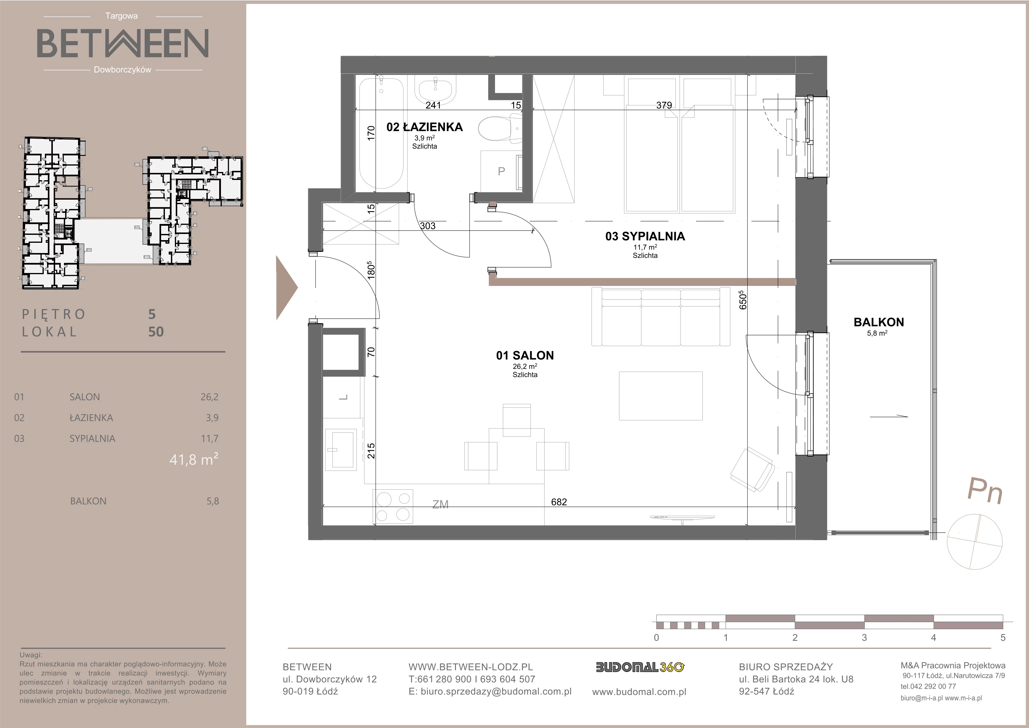 2 pokoje, mieszkanie 41,49 m², piętro 5, oferta nr 50, Between, Łódź, Śródmieście, ul. Dowborczyków 12