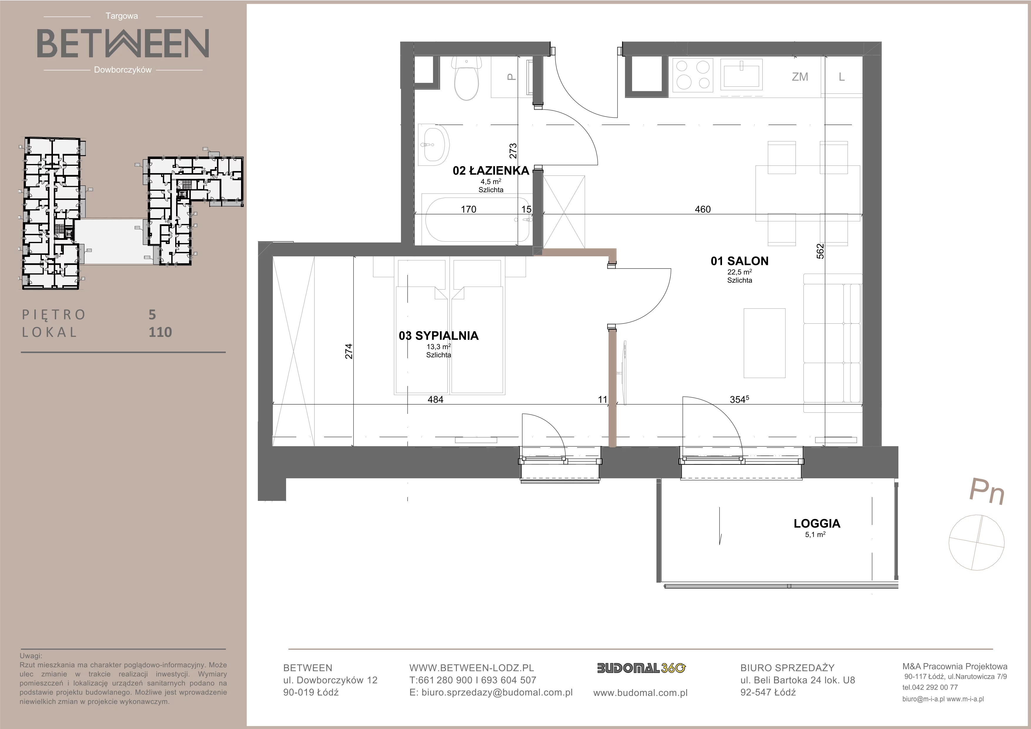 2 pokoje, mieszkanie 40,17 m², piętro 5, oferta nr 110, Between, Łódź, Śródmieście, ul. Dowborczyków 12