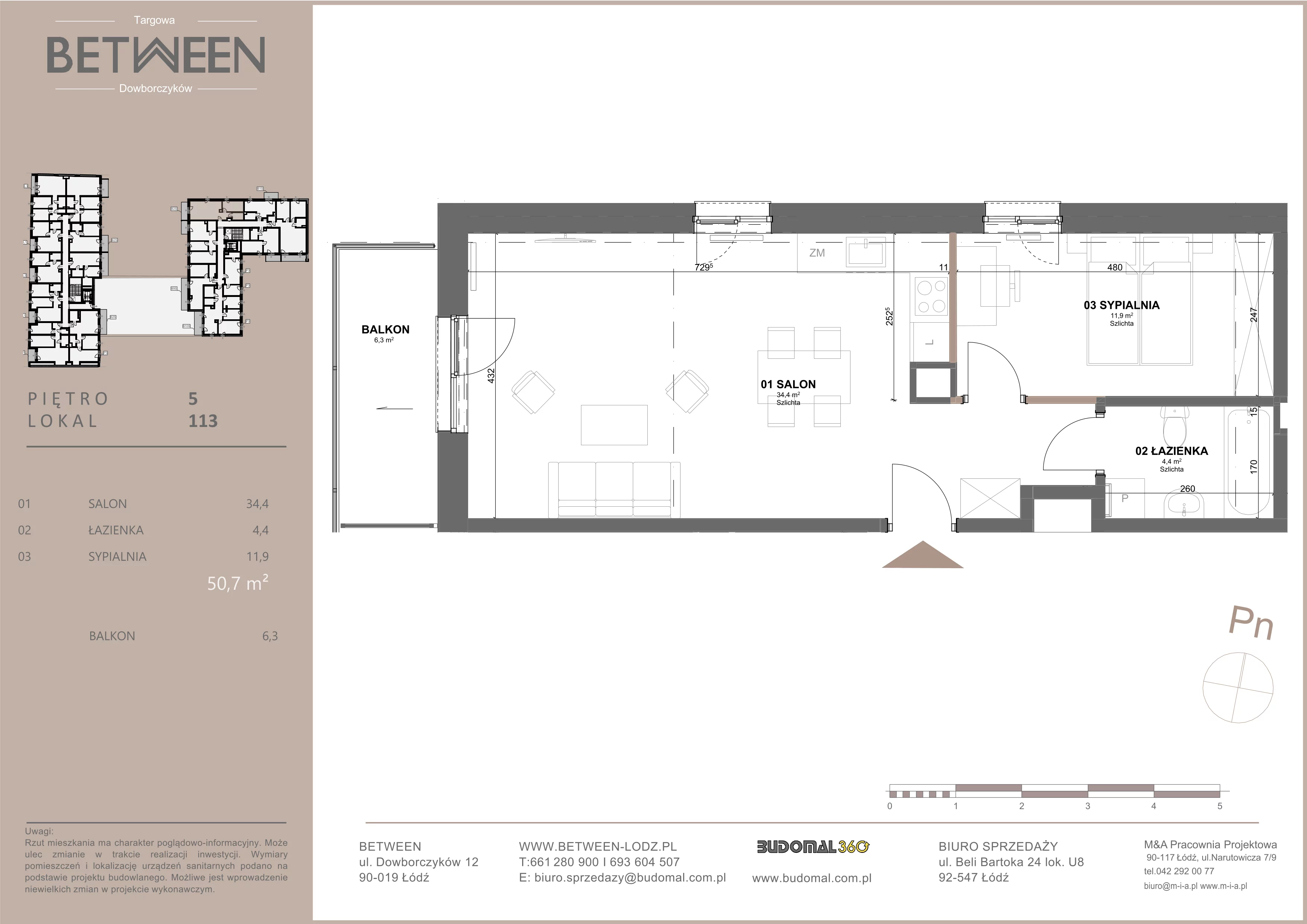 2 pokoje, mieszkanie 50,63 m², piętro 5, oferta nr 113, Between, Łódź, Śródmieście, ul. Dowborczyków 12