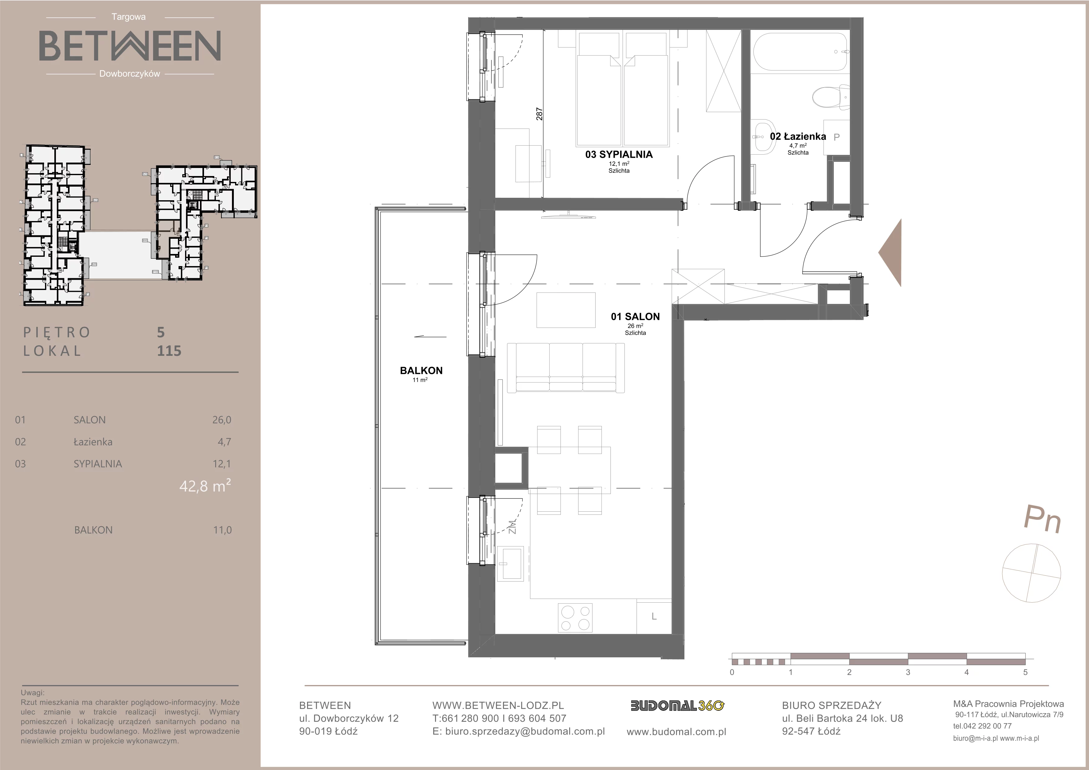 2 pokoje, mieszkanie 43,09 m², piętro 5, oferta nr 115, Between, Łódź, Śródmieście, ul. Dowborczyków 12