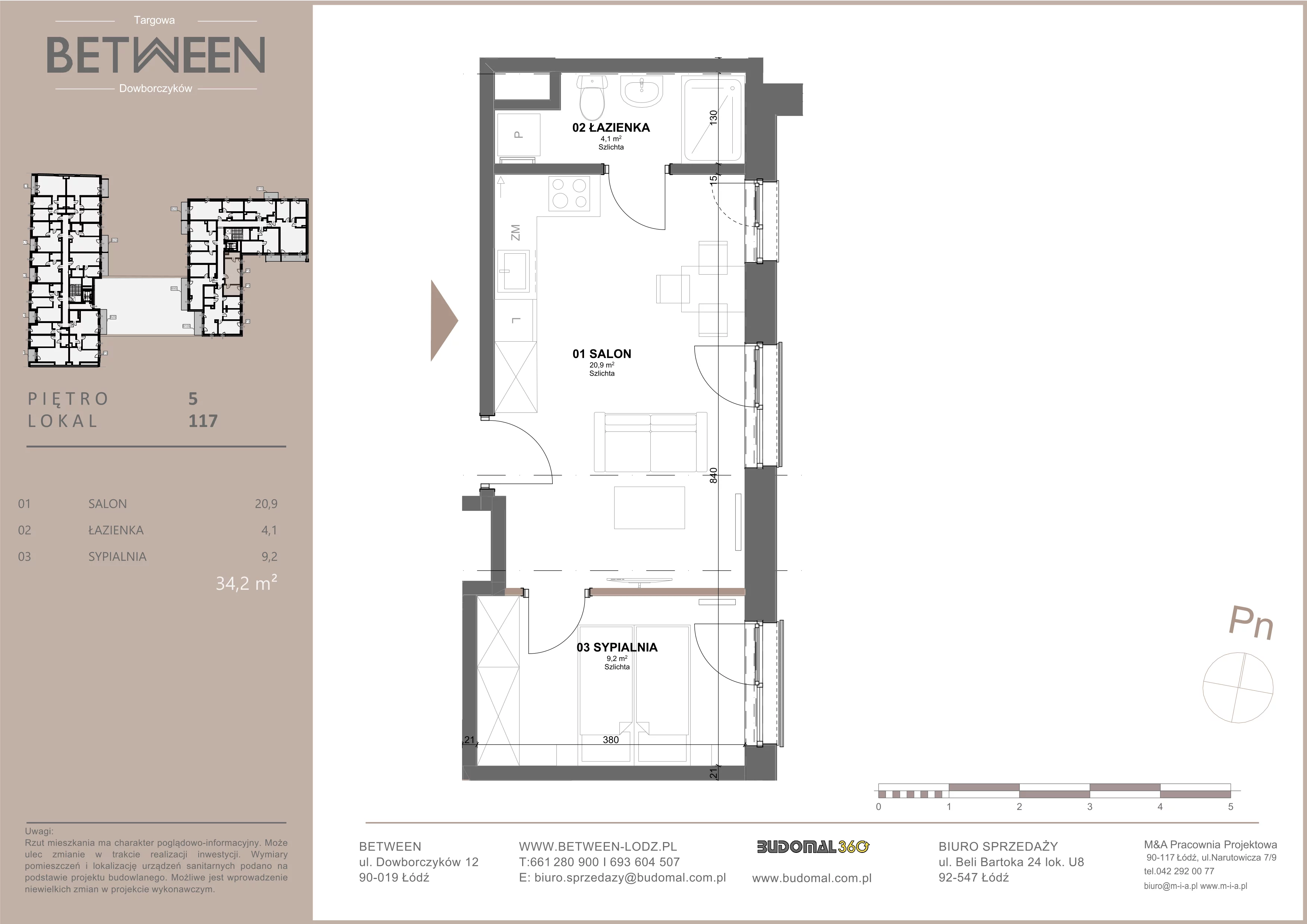 2 pokoje, mieszkanie 34,06 m², piętro 5, oferta nr 117, Between, Łódź, Śródmieście, ul. Dowborczyków 12