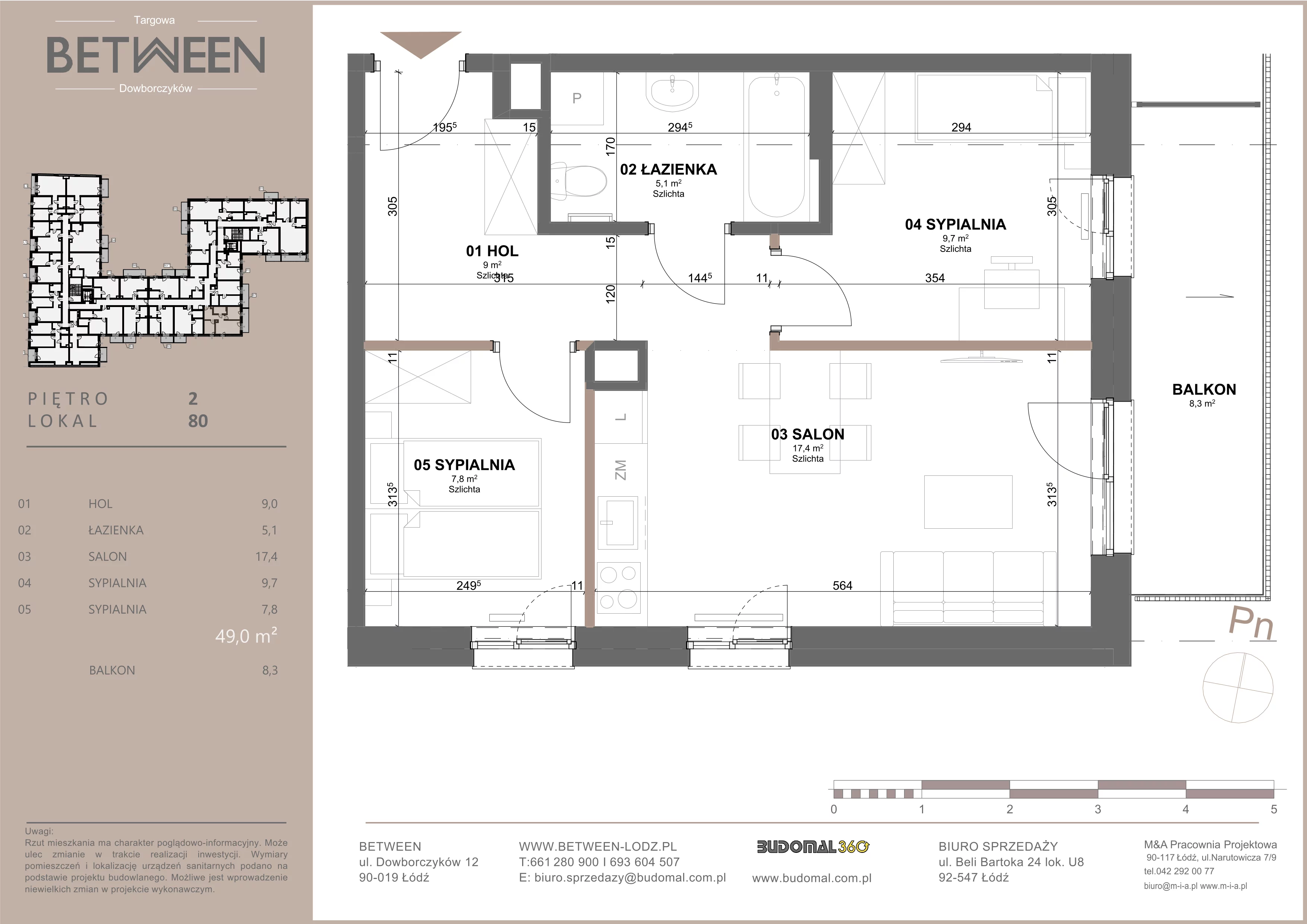 3 pokoje, mieszkanie 49,29 m², piętro 2, oferta nr 80, Between, Łódź, Śródmieście, ul. Dowborczyków 12