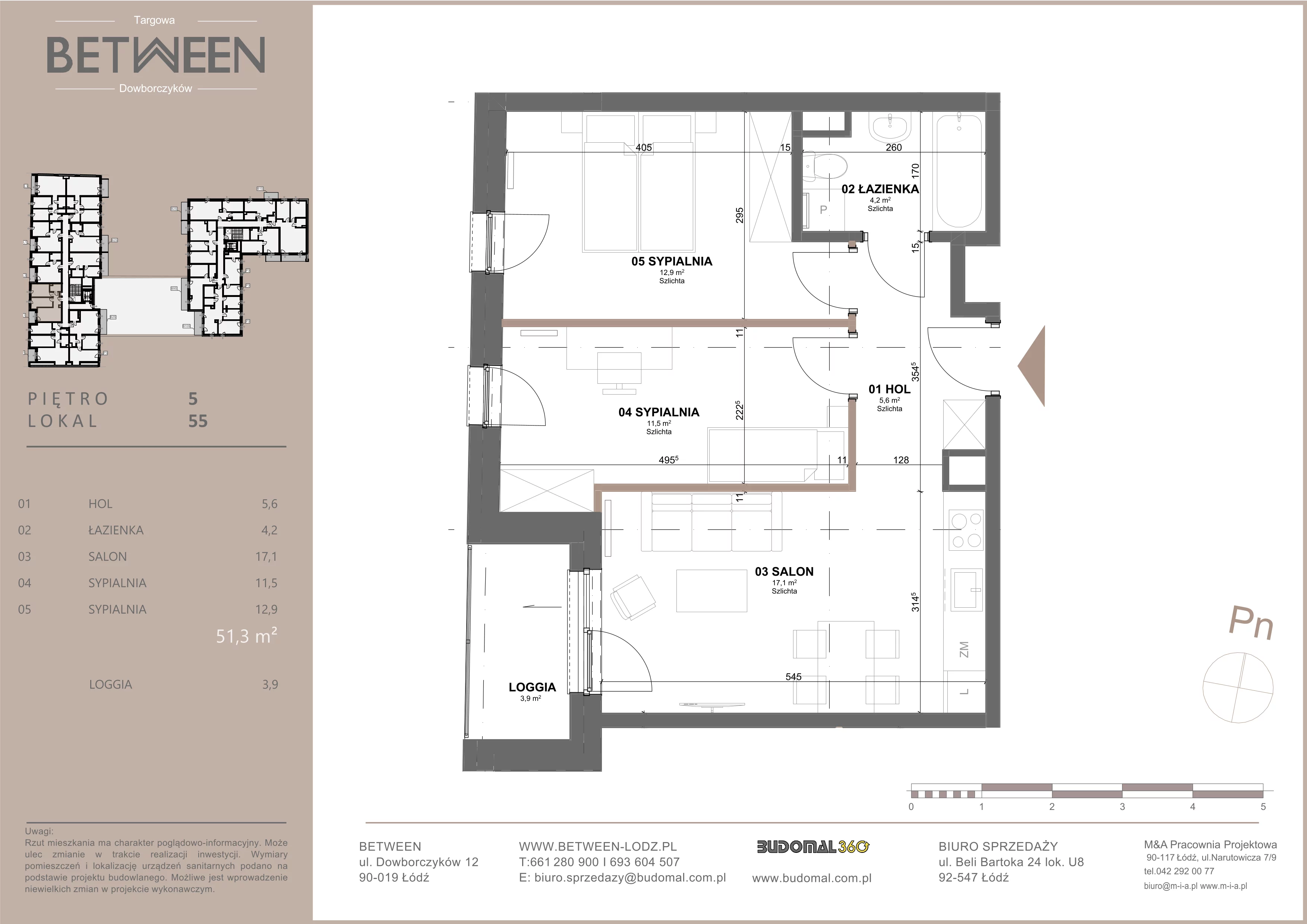 3 pokoje, mieszkanie 51,46 m², piętro 5, oferta nr 55, Between, Łódź, Śródmieście, ul. Dowborczyków 12