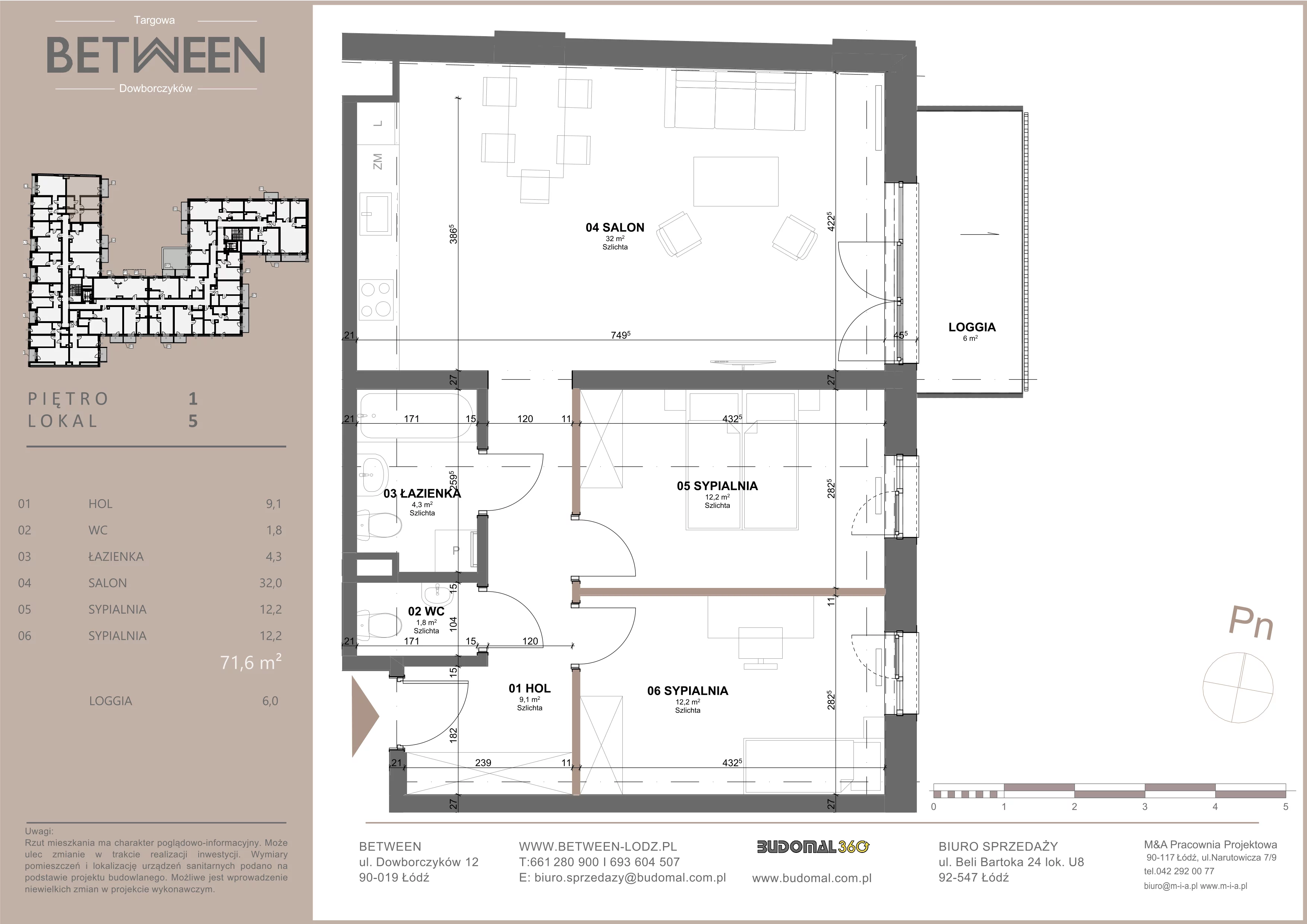 3 pokoje, mieszkanie 71,95 m², piętro 1, oferta nr 5, Between, Łódź, Śródmieście, ul. Dowborczyków 12