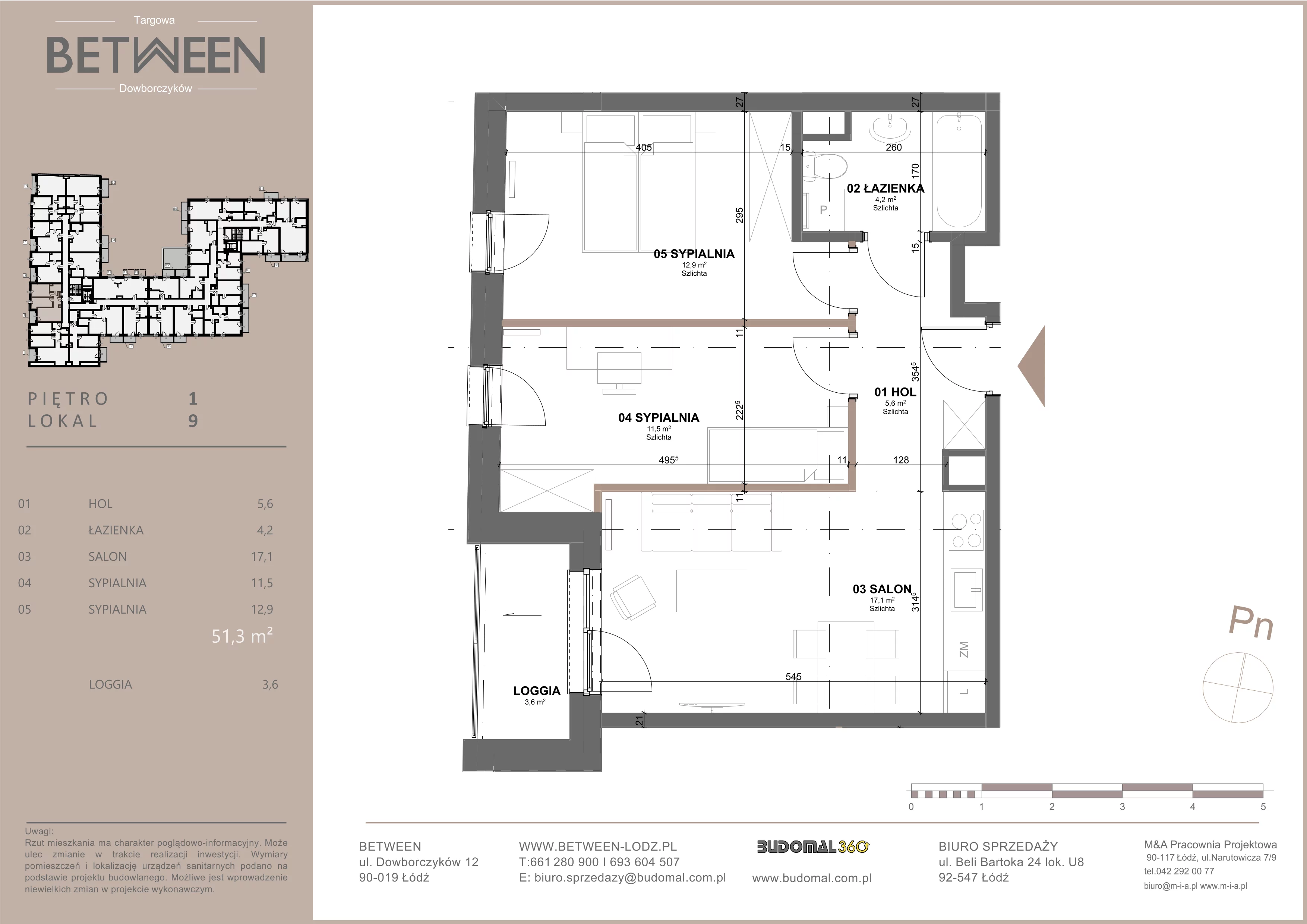 3 pokoje, mieszkanie 51,15 m², piętro 1, oferta nr 9, Between, Łódź, Śródmieście, ul. Dowborczyków 12