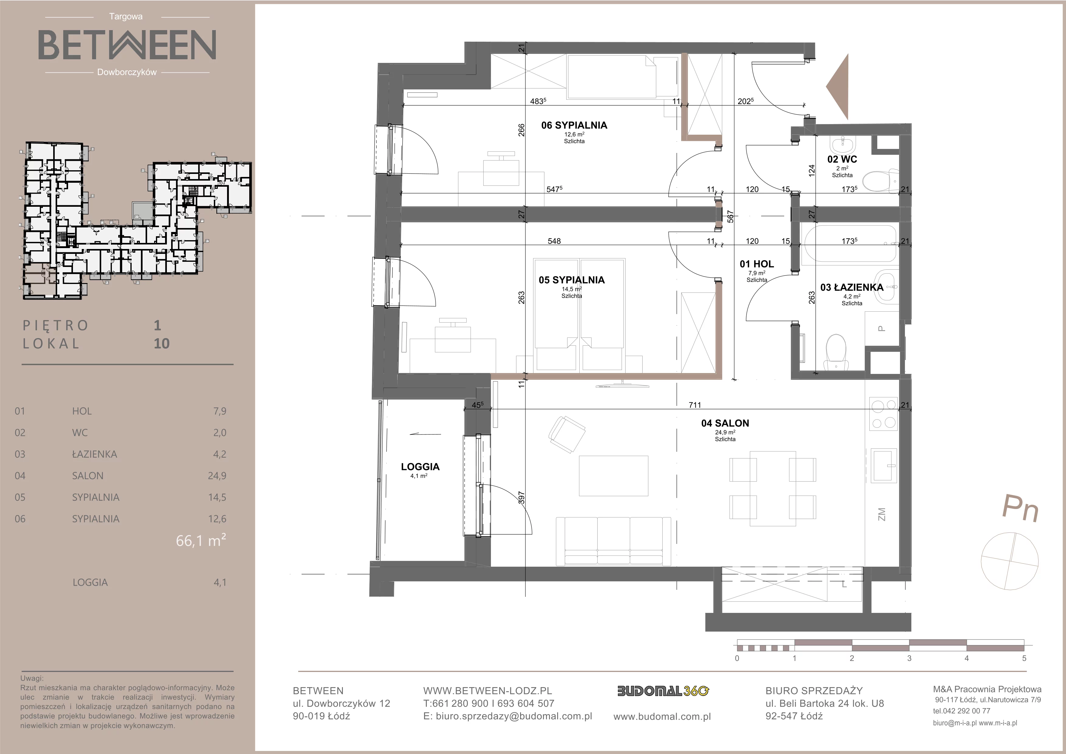 3 pokoje, mieszkanie 66,33 m², piętro 1, oferta nr 10, Between, Łódź, Śródmieście, ul. Dowborczyków 12