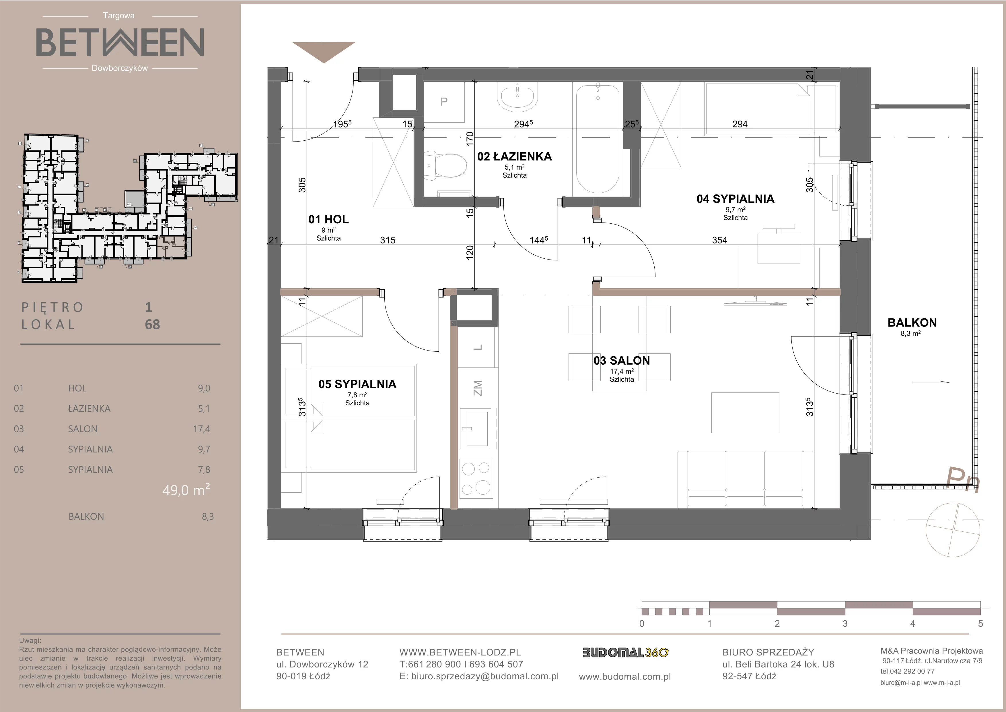 3 pokoje, mieszkanie 49,34 m², piętro 1, oferta nr 68, Between, Łódź, Śródmieście, ul. Dowborczyków 12