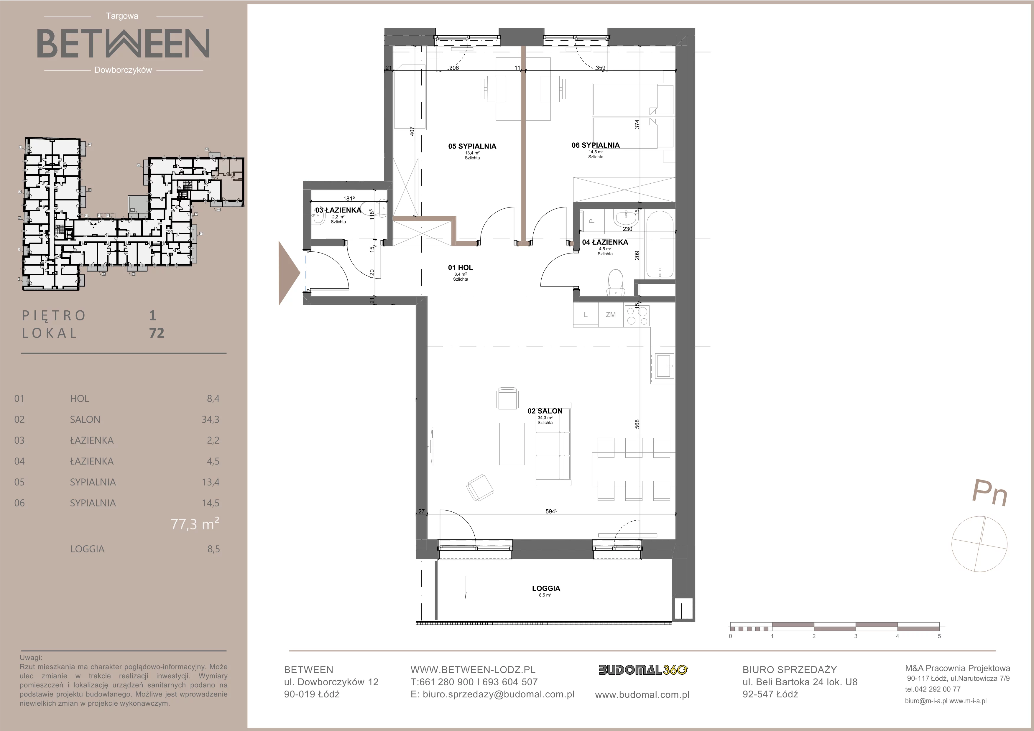 3 pokoje, mieszkanie 77,60 m², piętro 1, oferta nr 72, Between, Łódź, Śródmieście, ul. Dowborczyków 12