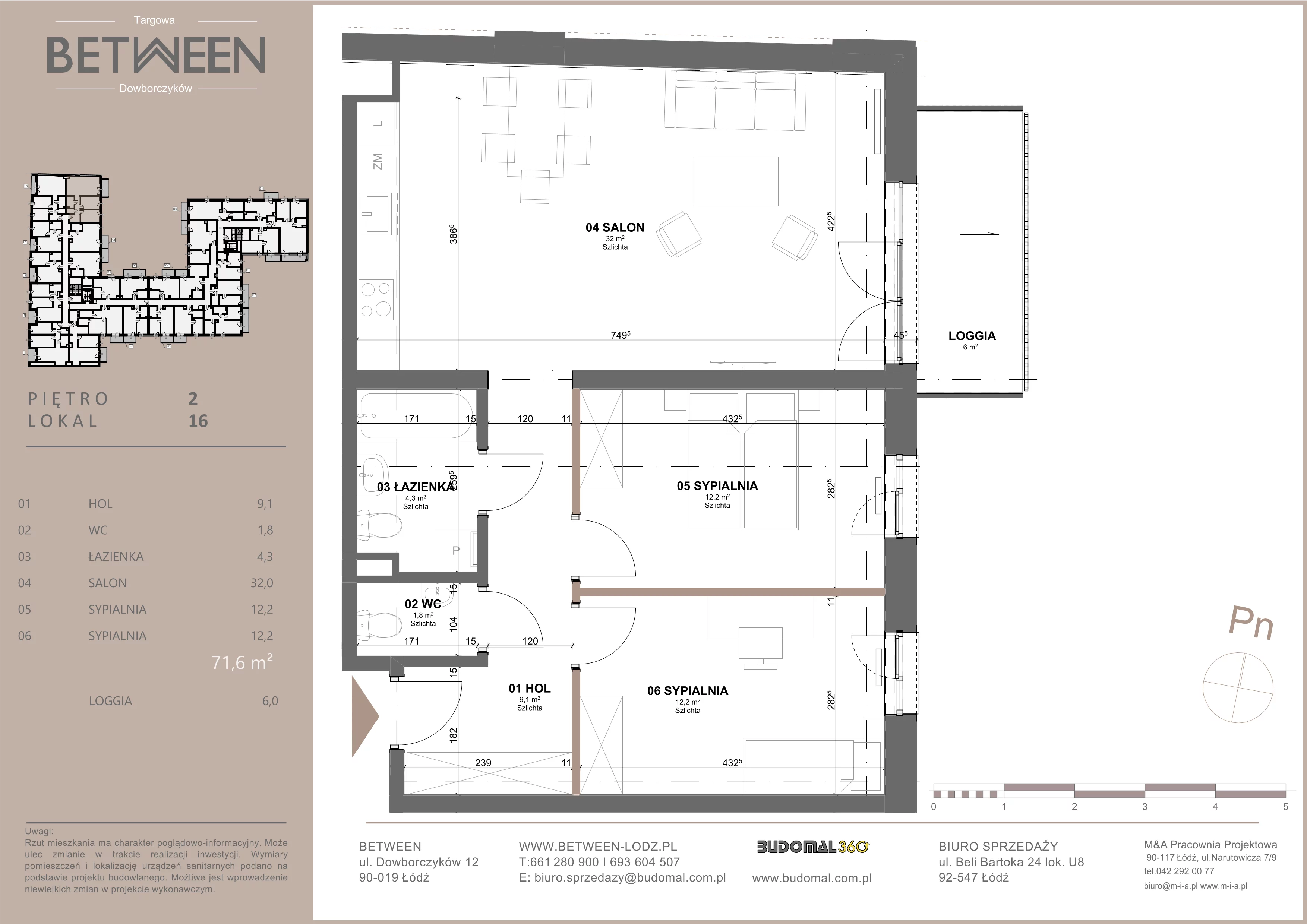 3 pokoje, mieszkanie 72,09 m², piętro 2, oferta nr 16, Between, Łódź, Śródmieście, ul. Dowborczyków 12