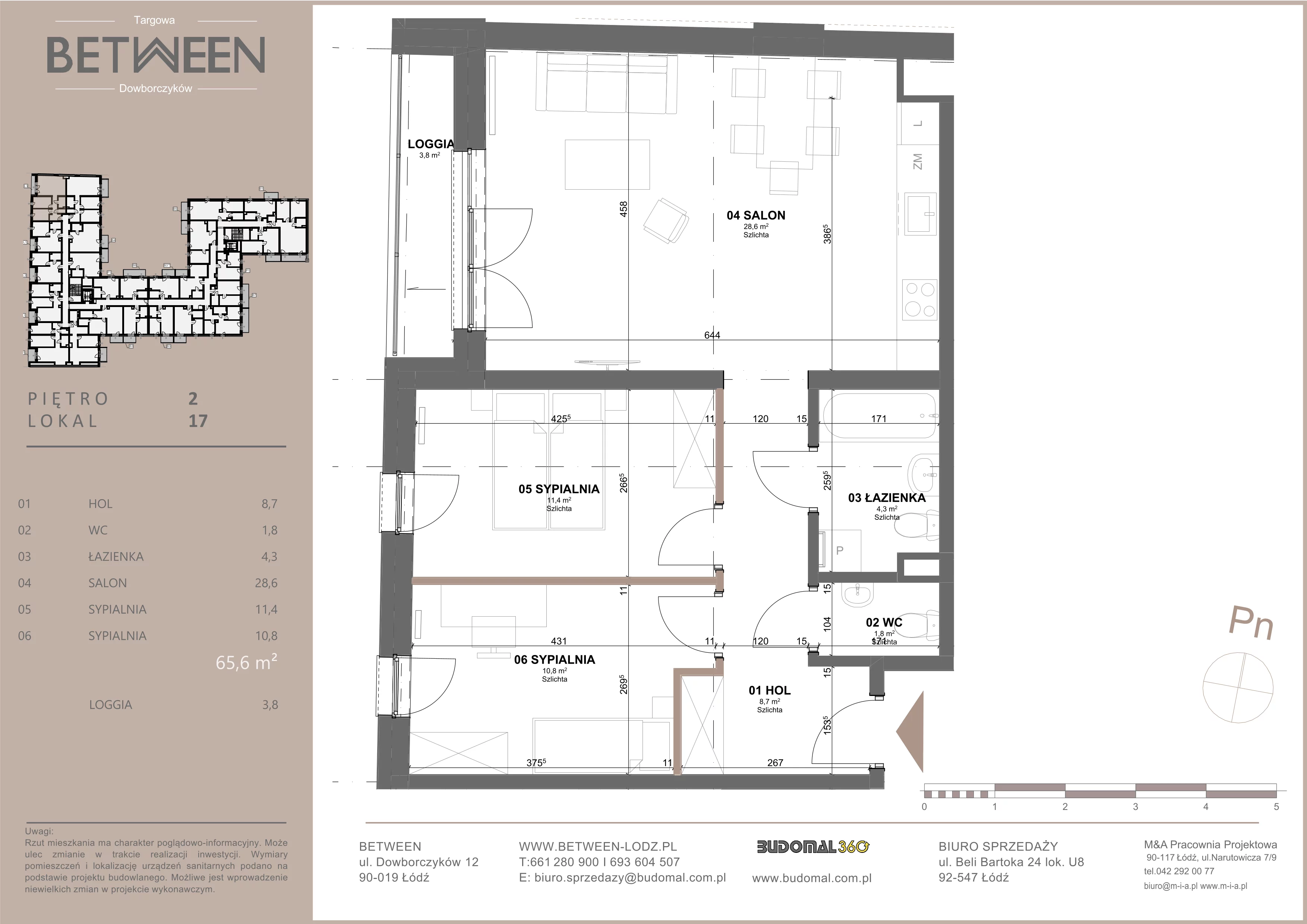 3 pokoje, mieszkanie 66,22 m², piętro 2, oferta nr 17, Between, Łódź, Śródmieście, ul. Dowborczyków 12