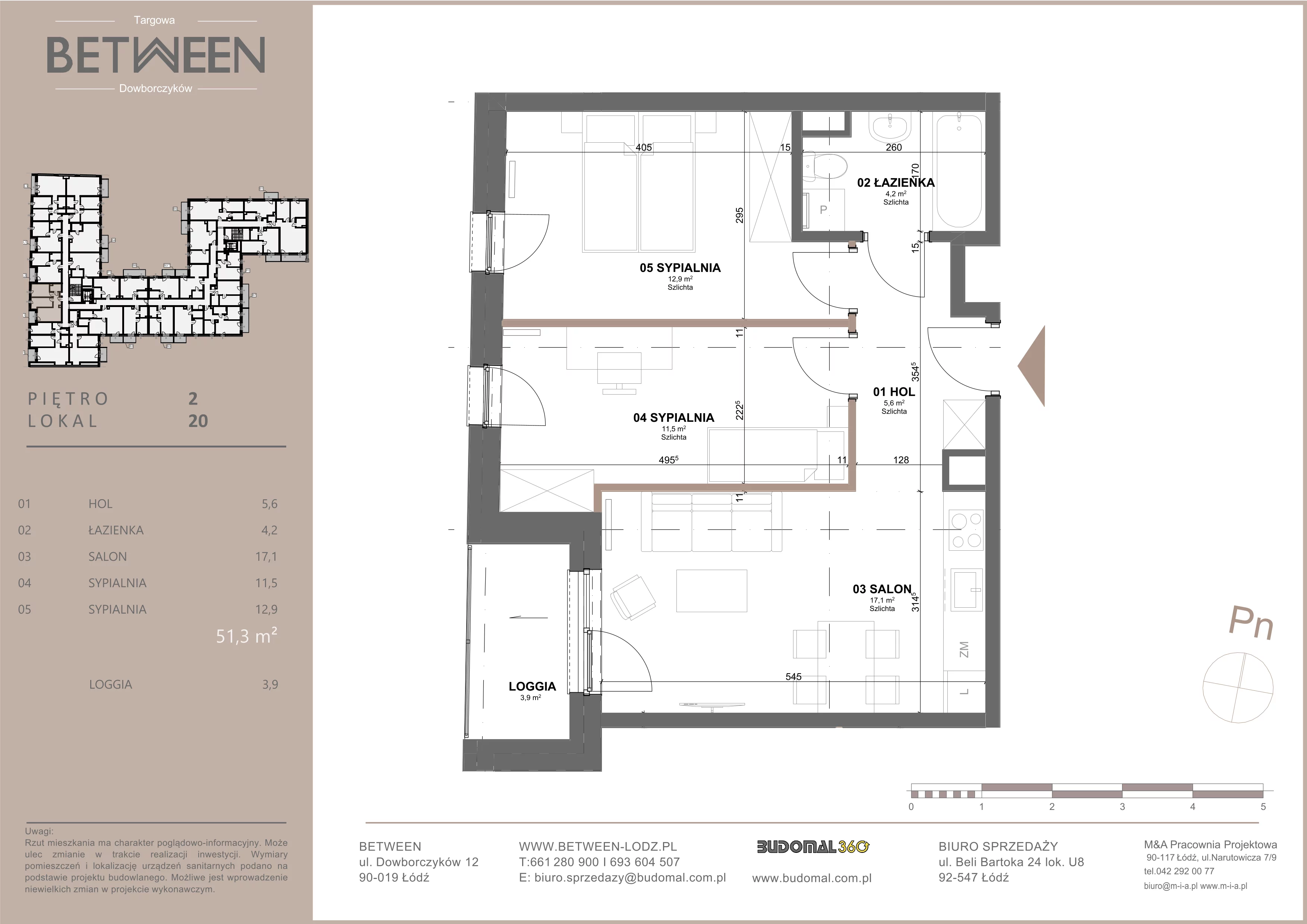 3 pokoje, mieszkanie 50,71 m², piętro 2, oferta nr 20, Between, Łódź, Śródmieście, ul. Dowborczyków 12