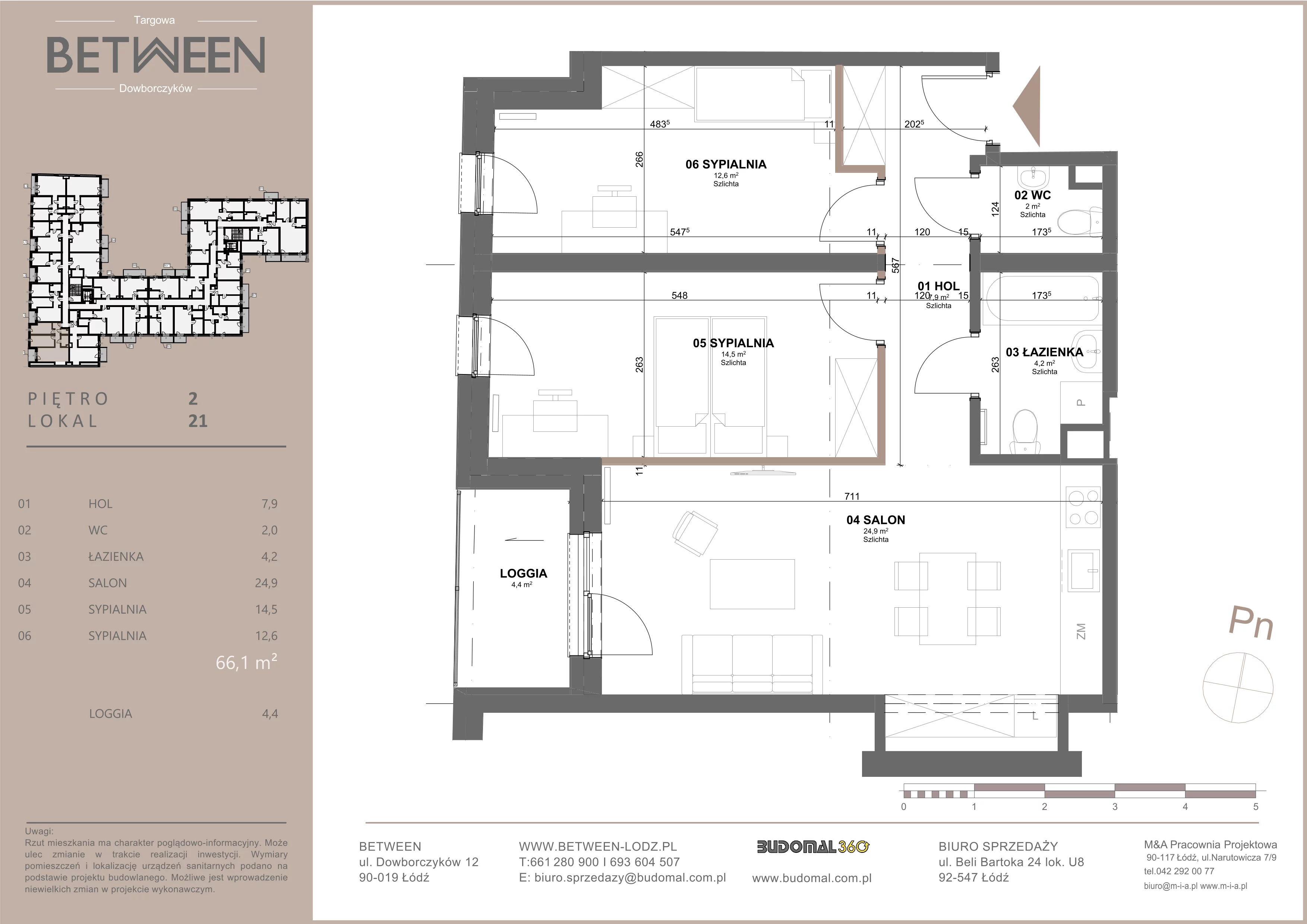 3 pokoje, mieszkanie 66,55 m², piętro 2, oferta nr 21, Between, Łódź, Śródmieście, ul. Dowborczyków 12