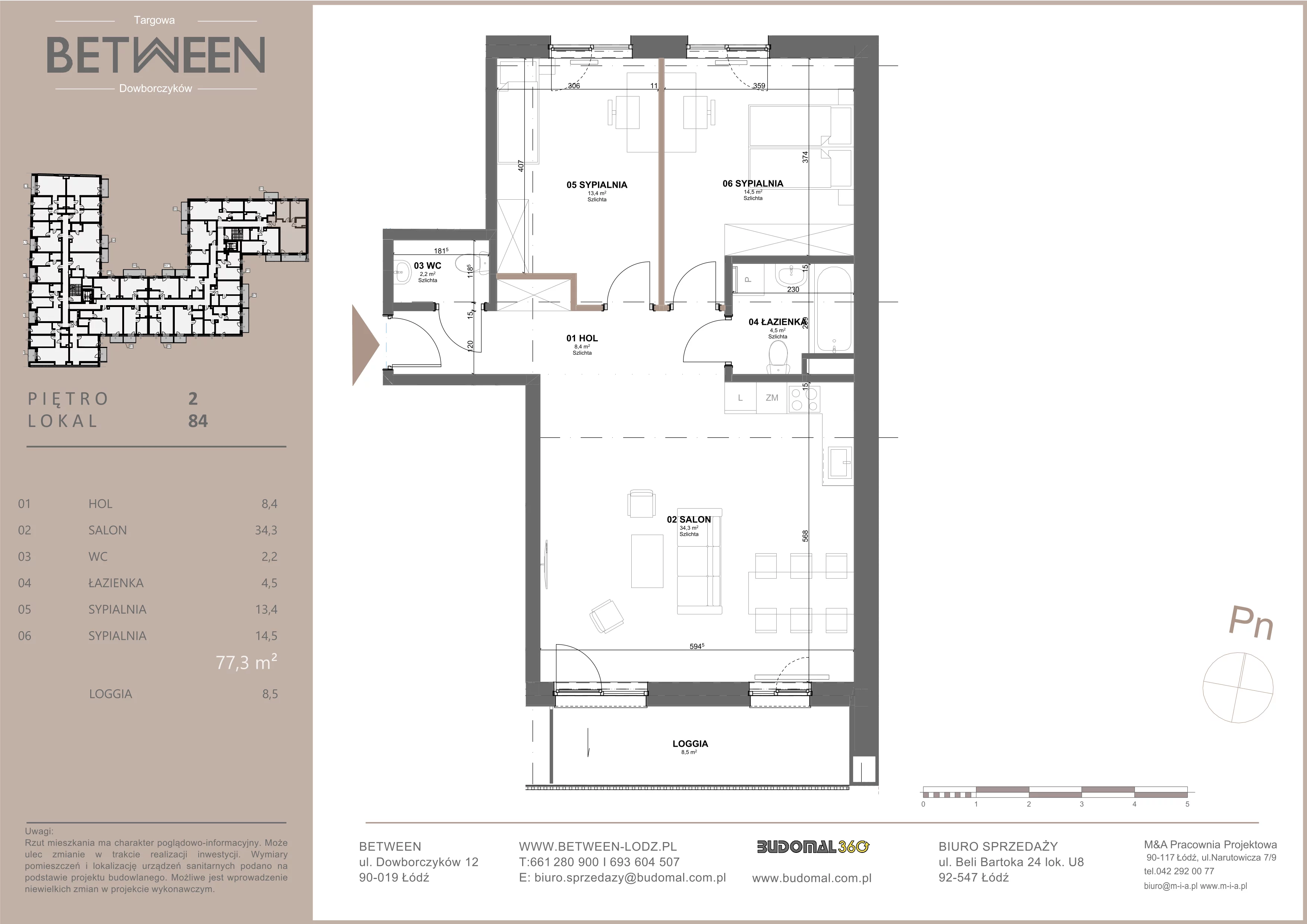 3 pokoje, mieszkanie 77,30 m², piętro 2, oferta nr 84, Between, Łódź, Śródmieście, ul. Dowborczyków 12