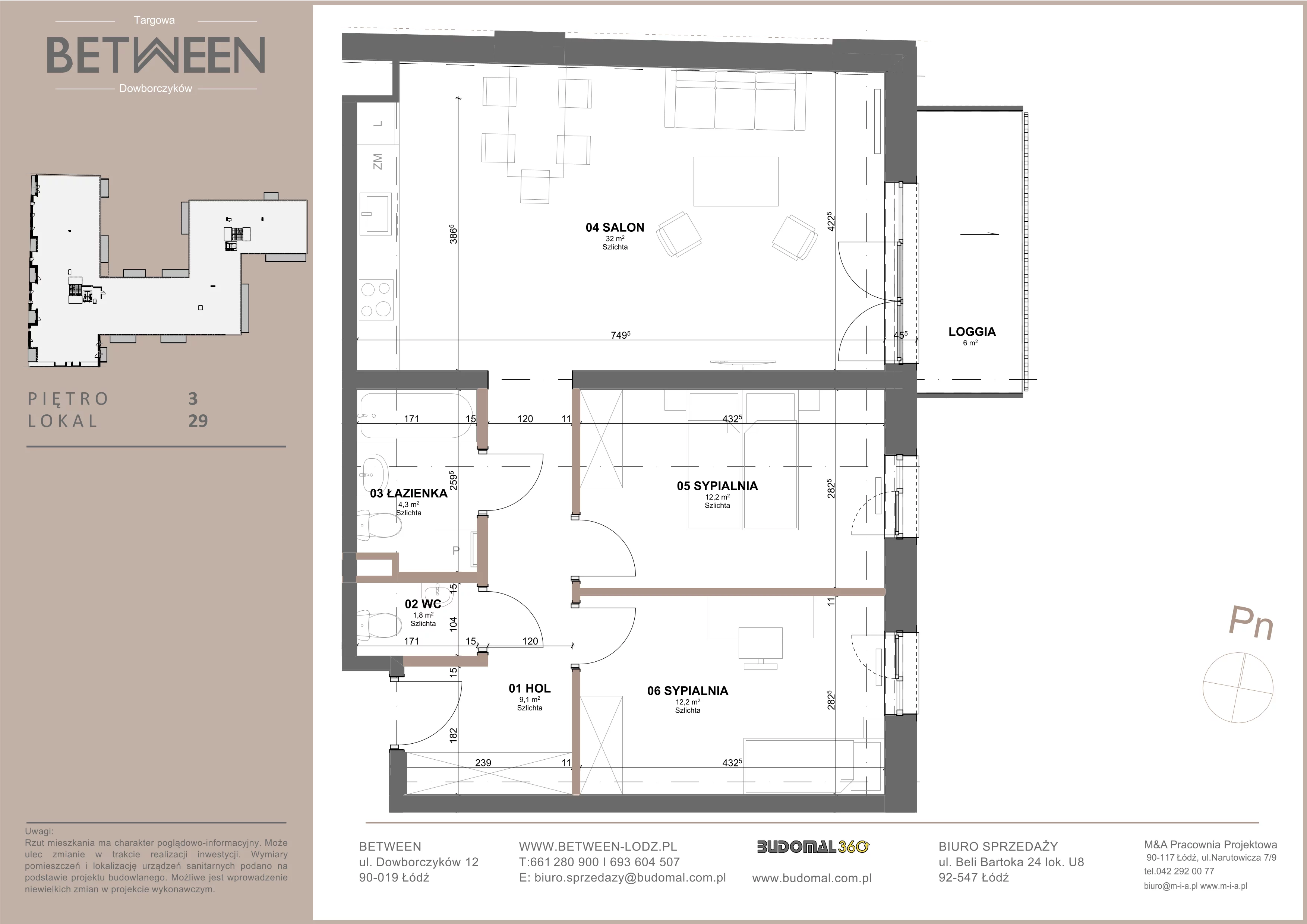 3 pokoje, mieszkanie 72,06 m², piętro 3, oferta nr 29, Between, Łódź, Śródmieście, ul. Dowborczyków 12