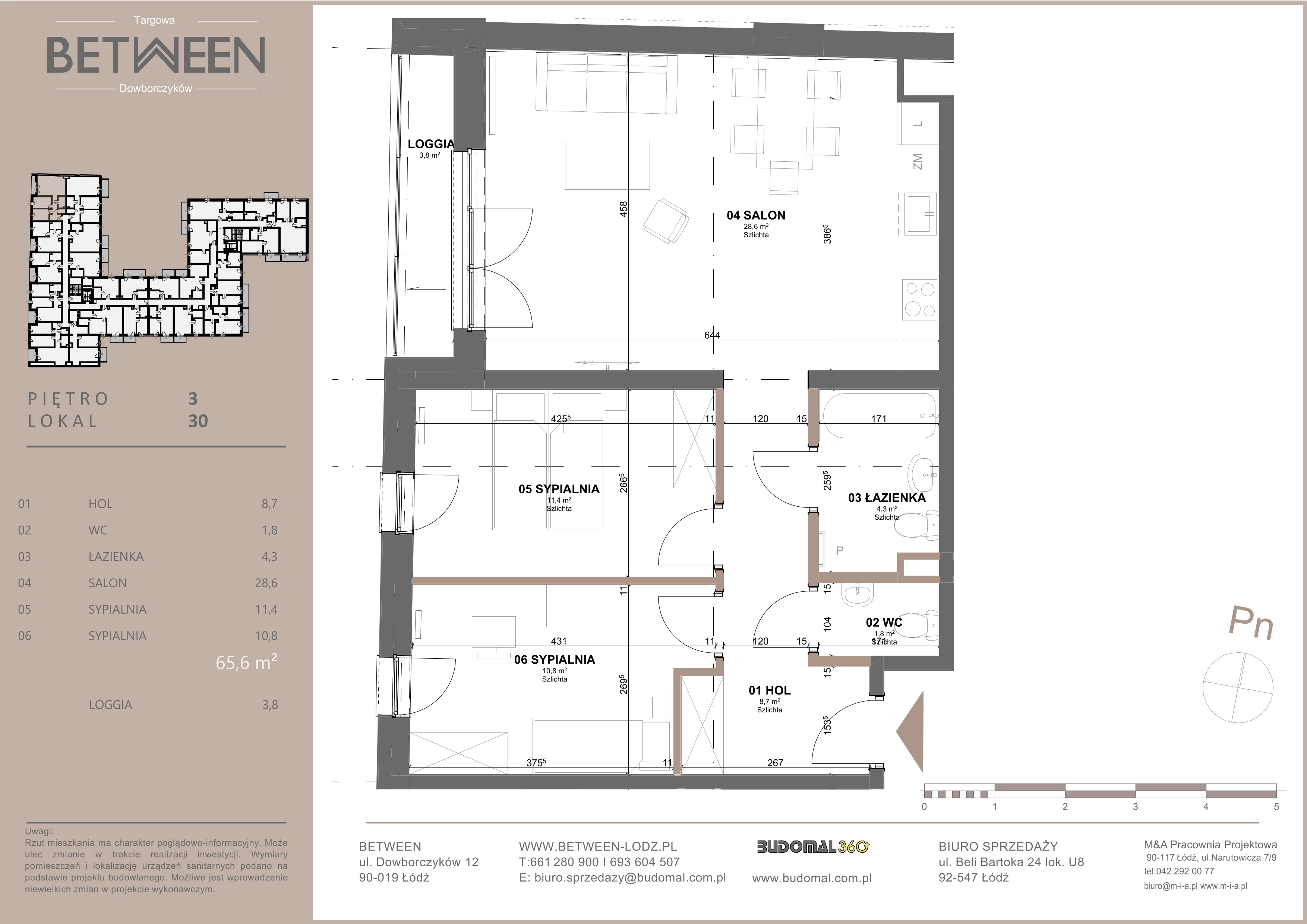 3 pokoje, mieszkanie 66,07 m², piętro 3, oferta nr 30, Between, Łódź, Śródmieście, ul. Dowborczyków 12